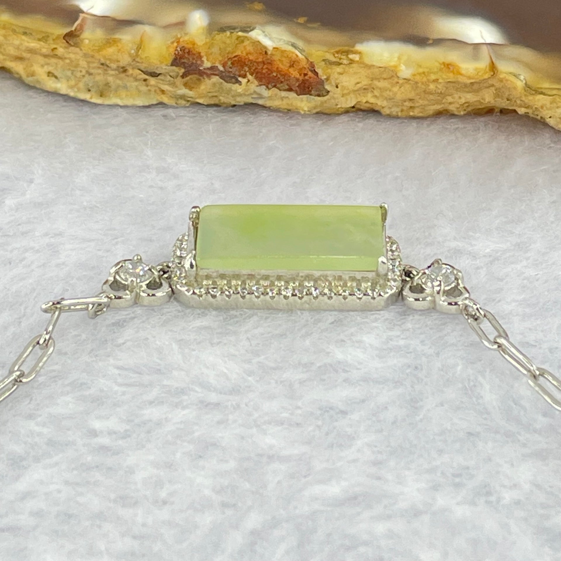 Type A Icy Green Jadeite Mini Rectangle Wu Shi Pai with Crystals in S925 Sliver Bracelet 4.18g 14.8 by 7.0 by 1.6mm - Huangs Jadeite and Jewelry Pte Ltd