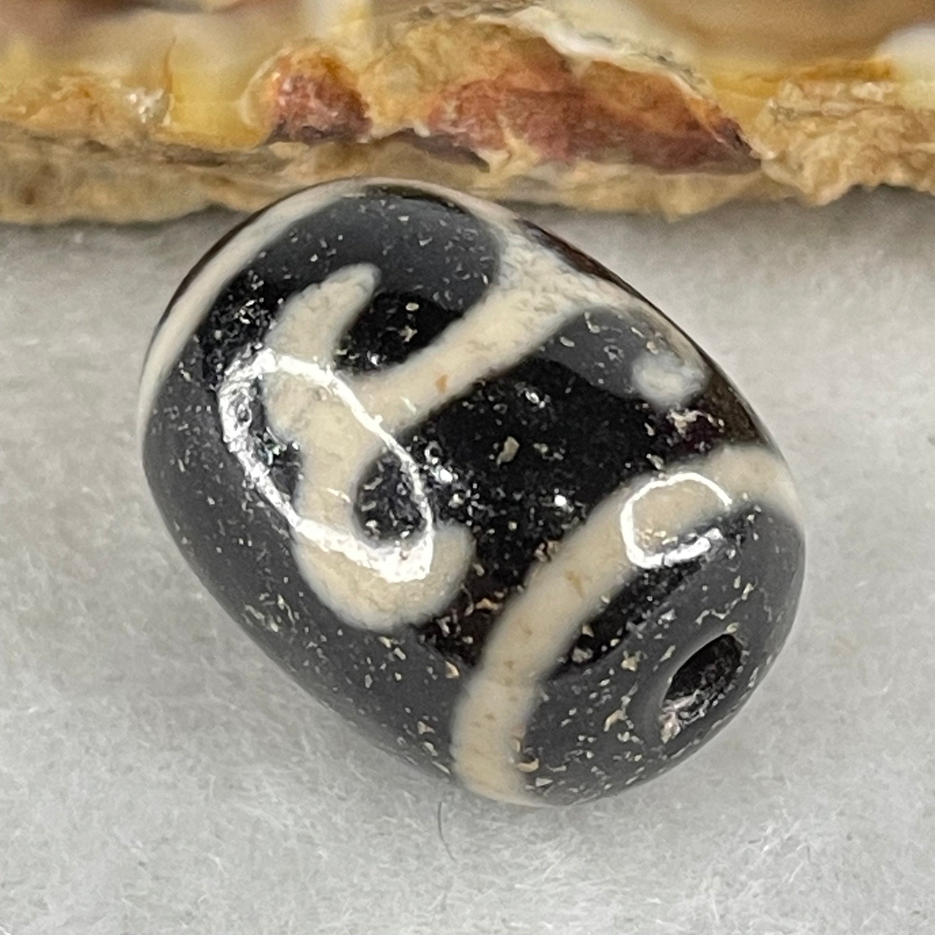 Natural Powerful Tibetan Old Oily Black White Agate Green Tara Dzi Bead Heavenly Master (Tian Zhu) 绿度母天珠 4.70g 17.3 by 13.2mm - Huangs Jadeite and Jewelry Pte Ltd
