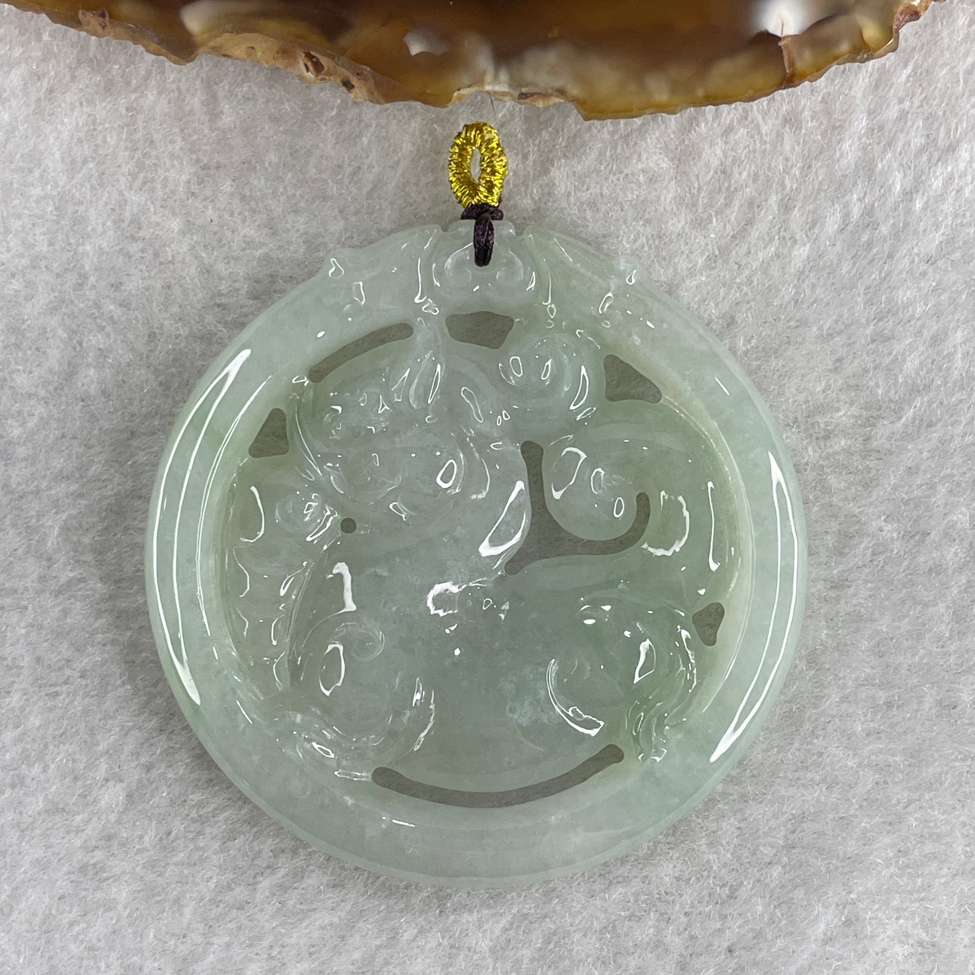 Natural Type A Jelly Green Jadeite Qlin with Double Dragon Head Pendant 25.65g 49.5 by 6.4mm - Huangs Jadeite and Jewelry Pte Ltd