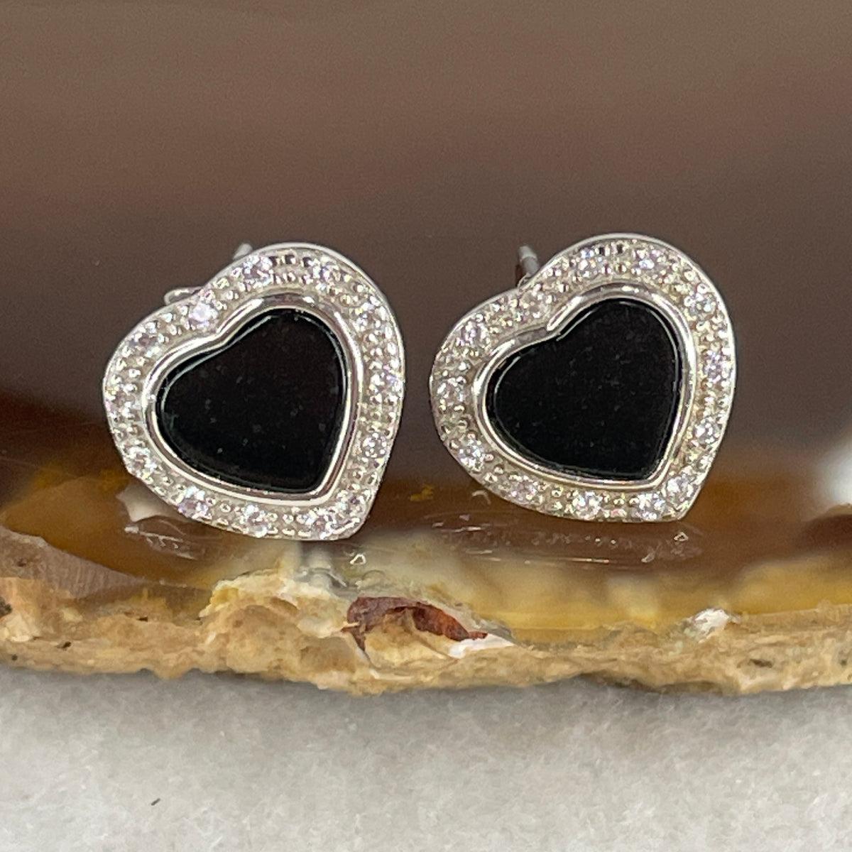 Certified Type A Black Omphacite Jadeite Heart Earrings in S925 Sterling Silver | Romantic Protection Studs (2.58g | 6.3 x 7.5 x 1.5mm)