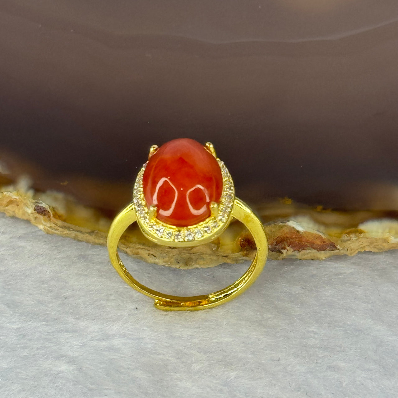 Natural Red Cinnabar in S925 Silver with Gold Color Ring (Adjustable Size) 红朱砂925银戒指 3.13g 13.2 by 10.2 by 6.5mm - Huangs Jadeite and Jewelry Pte Ltd