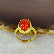 Natural Red Cinnabar in S925 Silver with Gold Color Ring (Adjustable Size) 红朱砂925银戒指 3.13g 13.2 by 10.2 by 6.5mm - Huangs Jadeite and Jewelry Pte Ltd