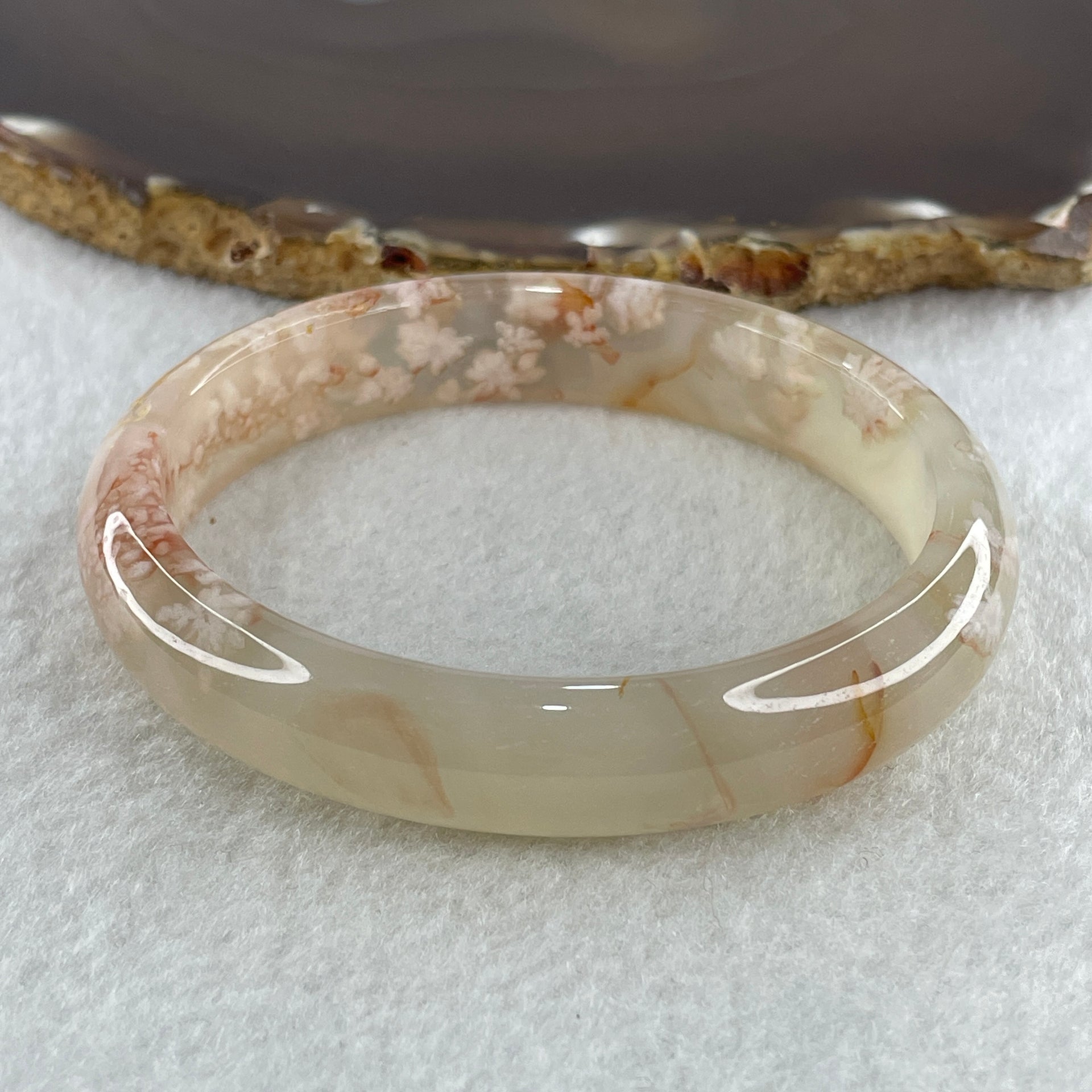 Natural Pinkish Flower Agate Oval Bangle 37.29g Internal Diameter 60.3mm 12.9 by 7.3mm (Perfect) - Huangs Jadeite and Jewelry Pte Ltd