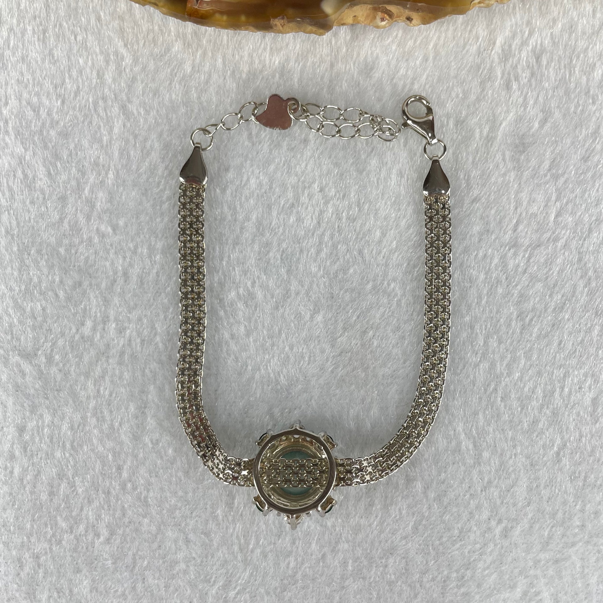 Type A Icy Blueish Green 7.9 by 3.5mm and Green Jadeite Cabochons With Crystals in S925 Sliver Bracelet 4.94g - Huangs Jadeite and Jewelry Pte Ltd