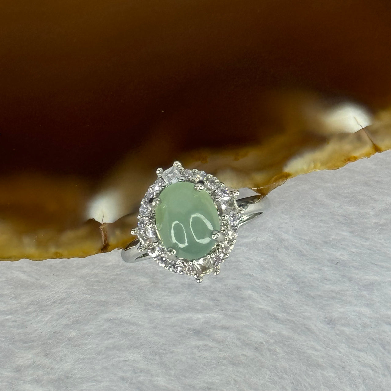 Type A Semi Icy Light Green Jadeite with Crystals in S925 Sliver Ring (Adjustable Size) 2.59g 9.2 by 7.5 by 5.0mm - Huangs Jadeite and Jewelry Pte Ltd