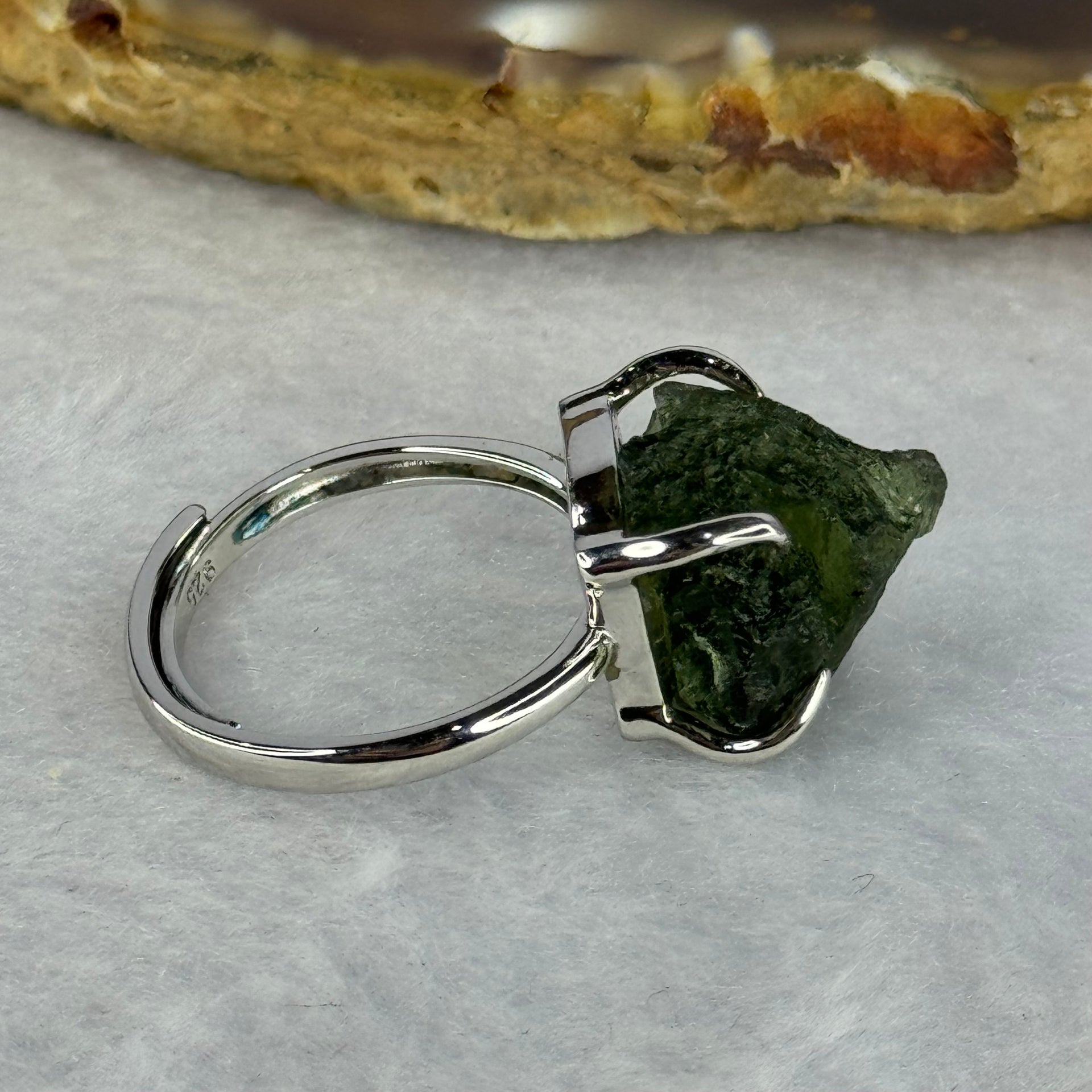 Natural Czech Republic Moldavite Meteorite Crystal in S925 Sliver Ring (Adjustable Size) 天然捷克陨石925银戒指 4.59g 14.0 by 13.3 by 13.5mm - Huangs Jadeite and Jewelry Pte Ltd