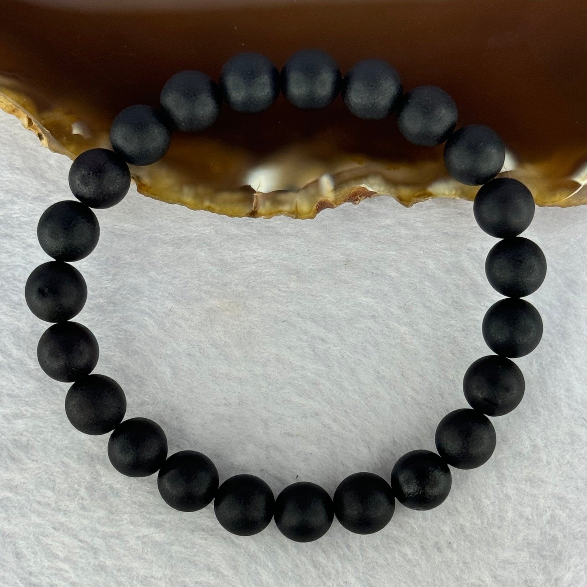Natural Dark Matt Black Amber Beads Bracelet 天然大黑天翁琥珀手链 7.30g 16cm 8.4mm 23 Beads - Huangs Jadeite and Jewelry Pte Ltd