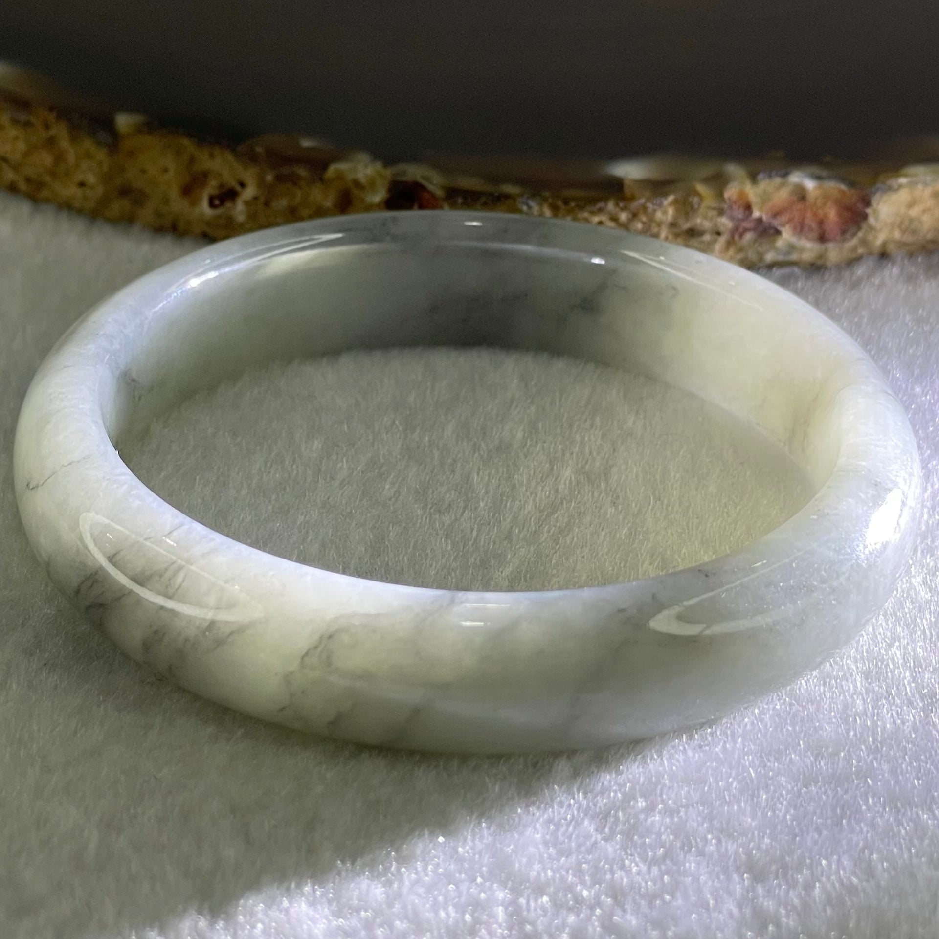 Type A Light Lavender Green with Wuji Grey Piao Hua Jadeite Bangle 38.30g Internal Diameter 51.8mm 11.7 by 6.9mm (Very Slight Internal Lines) - Huangs Jadeite and Jewelry Pte Ltd