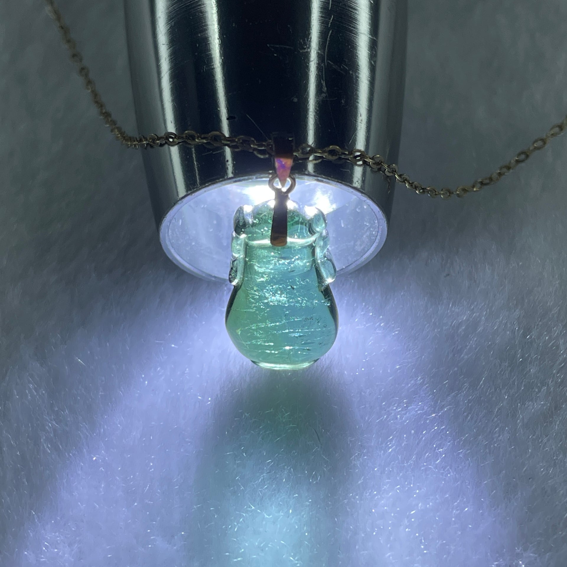 Good Grade Natural Blueish Green Tourmaline Crystal Vase Pendant with 18K Rose Clasp and Gold Color S925 Silver Necklace 2.28g 16.5 by 9.8 by 4.7mm - Huangs Jadeite and Jewelry Pte Ltd