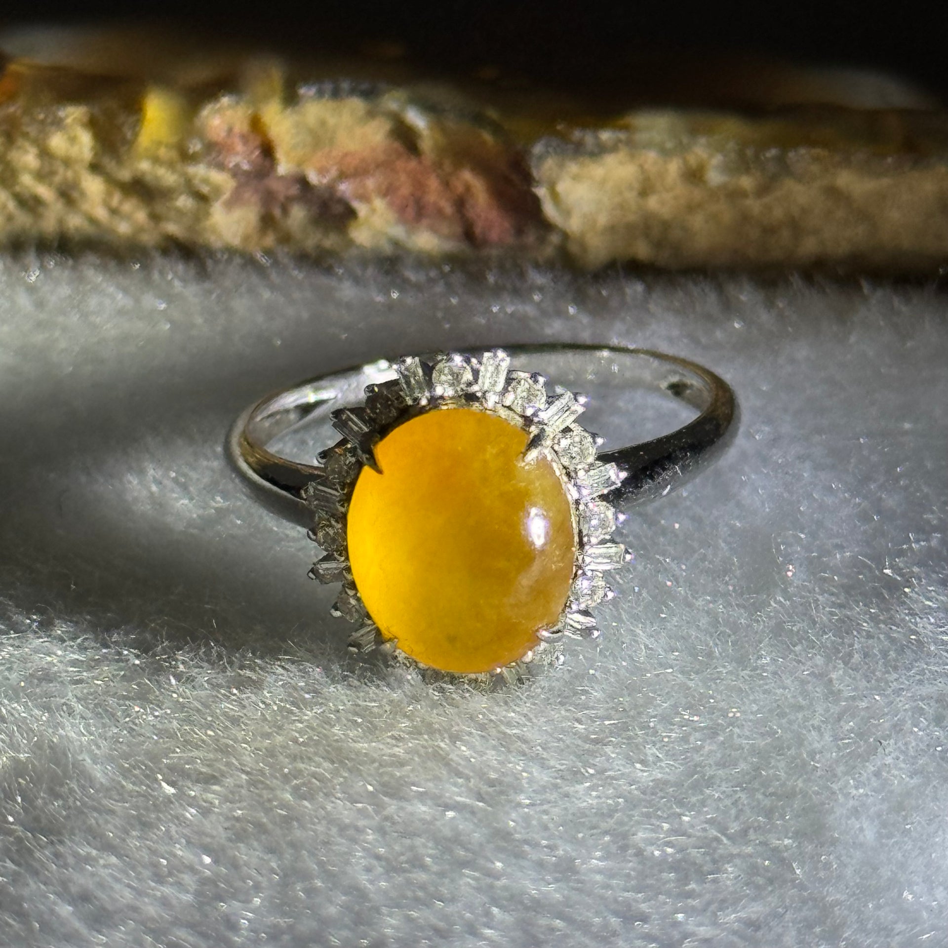 Certified Rare Type A Semi Icy Yellow Jade Jadeite 9.6 by 7.9 by 3mm Ring in 18k white gold, natural diamonds and sapphires 2.95g US6.75 HK14.5 Inner Diameter 17.5mm - Huangs Jadeite and Jewelry Pte Ltd