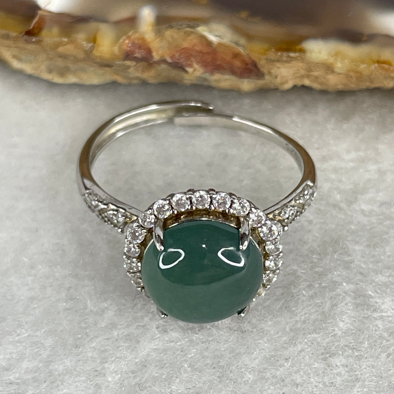 Type A Icy Light Blueish-Green Jadeite Ultra-High Dome Cabochon Ring | Solid S925 Sterling Silver Setting | Adjustable Sizing (3.34g 10.1x5.5mm)