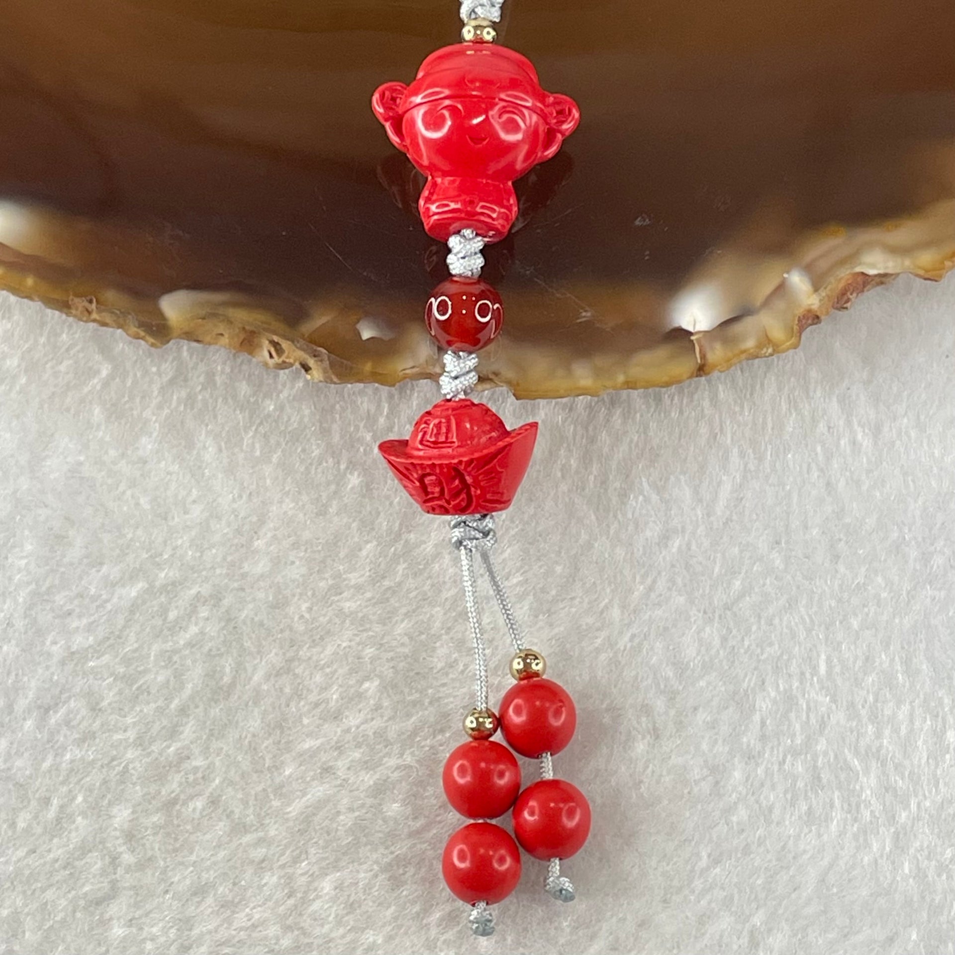 Natural Red Cinnabar Baby God of Fortune 16.0 by 16.8 by 11.3mm with Ingot Yuan Bao 9.0 by 13.06 by 9.1mm and Beads 6.54g - Huangs Jadeite and Jewelry Pte Ltd