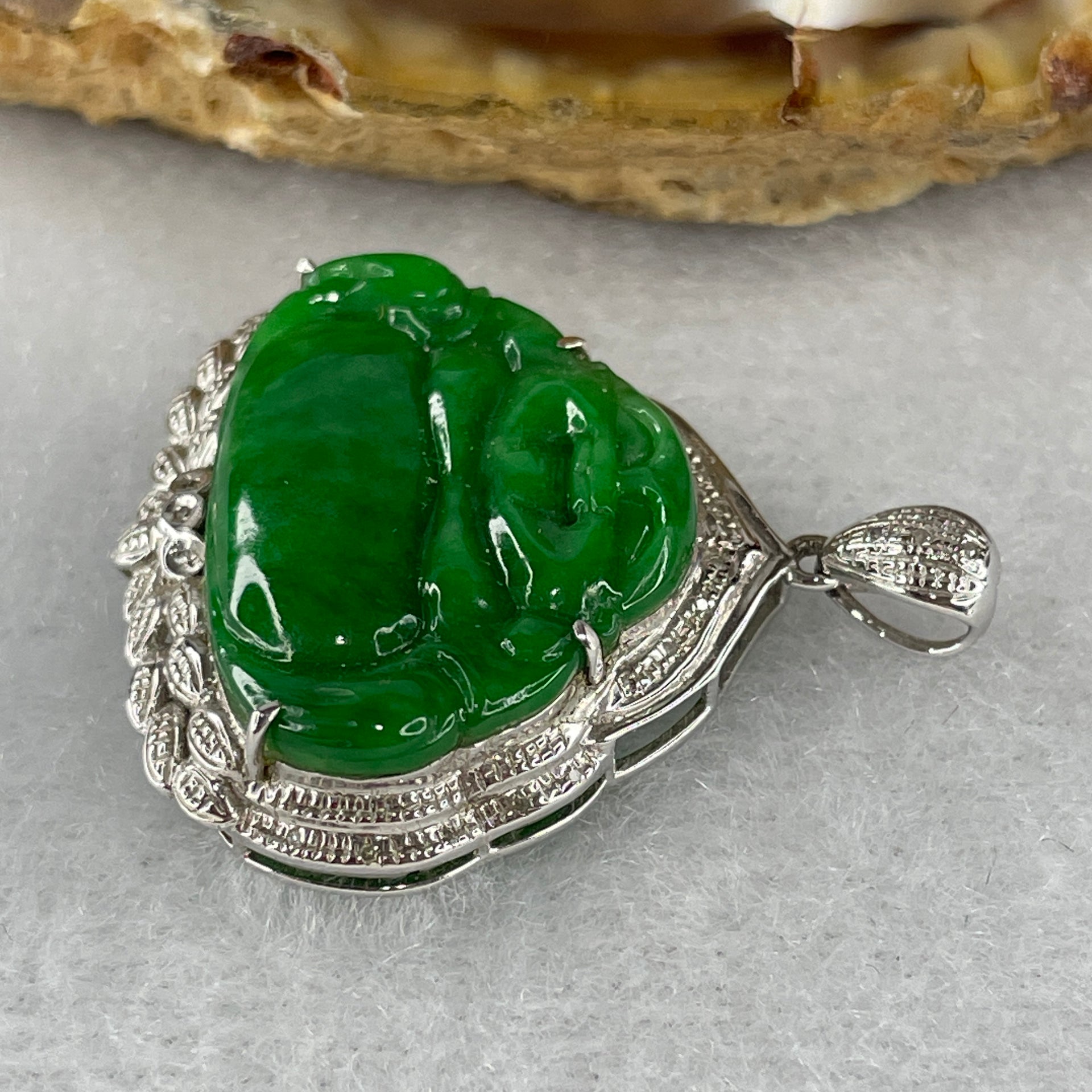 Type A Burmese Intense Green Jadeite Milo Laughing Buddha Pendant Setting 18k White Gold with Diamonds 3.40g 28.0 by 24.4 by 6.7mm - Huangs Jadeite and Jewelry Pte Ltd