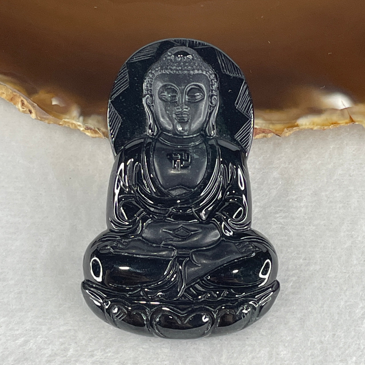 Wisdom, Peace and Good Fortune - Certified Natural Type A Black Omphacite Jadeite Buddha Pendant 34.28g 60.3 by 39.1 by 9.4mm