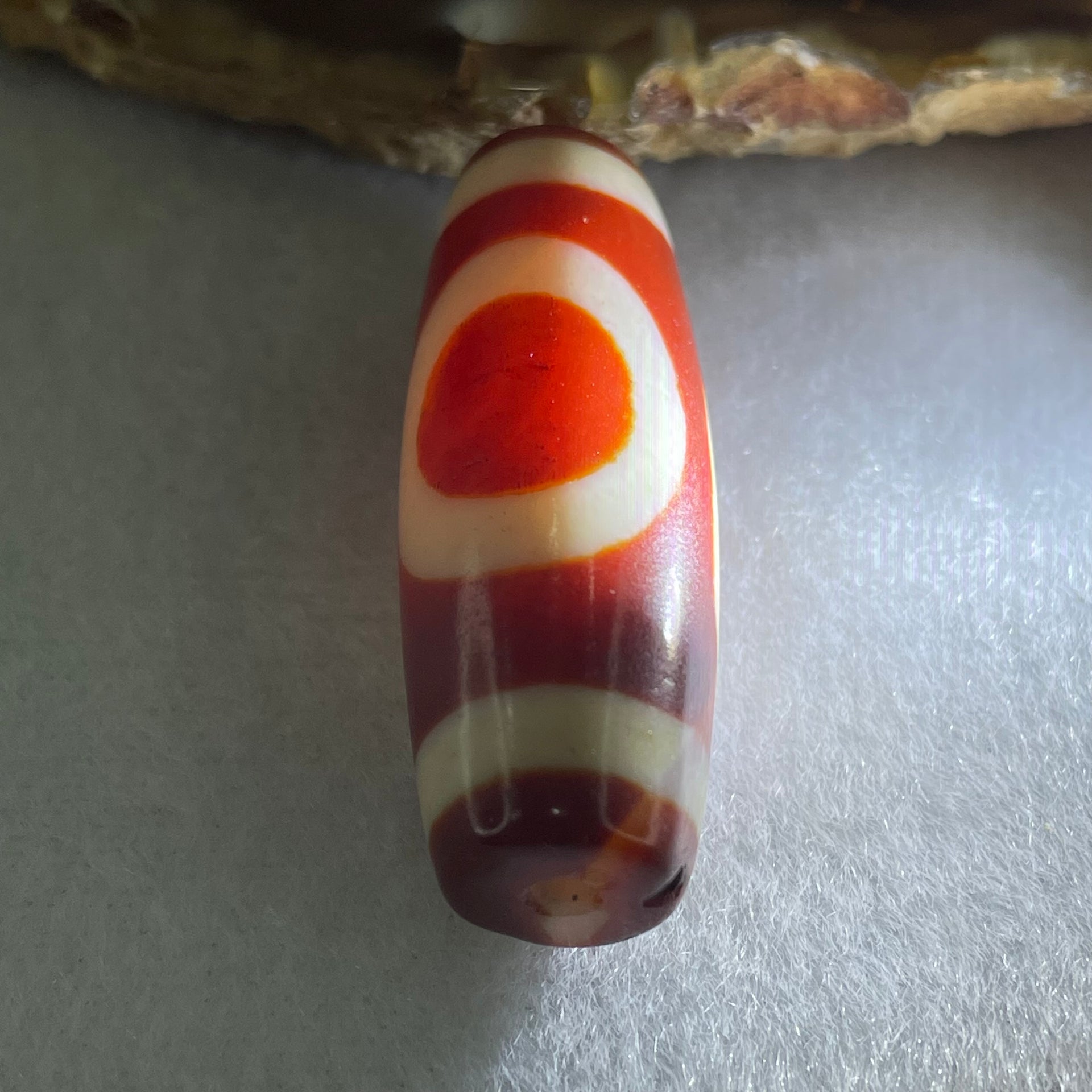 Natural Powerful Tibetan Old Oily Red White Agate One Eye Fire Sign Dzi Bead Heavenly Master (Tian Zhu) 一眼火天珠 11.40g 37.8 by 14.1mm - Huangs Jadeite and Jewelry Pte Ltd