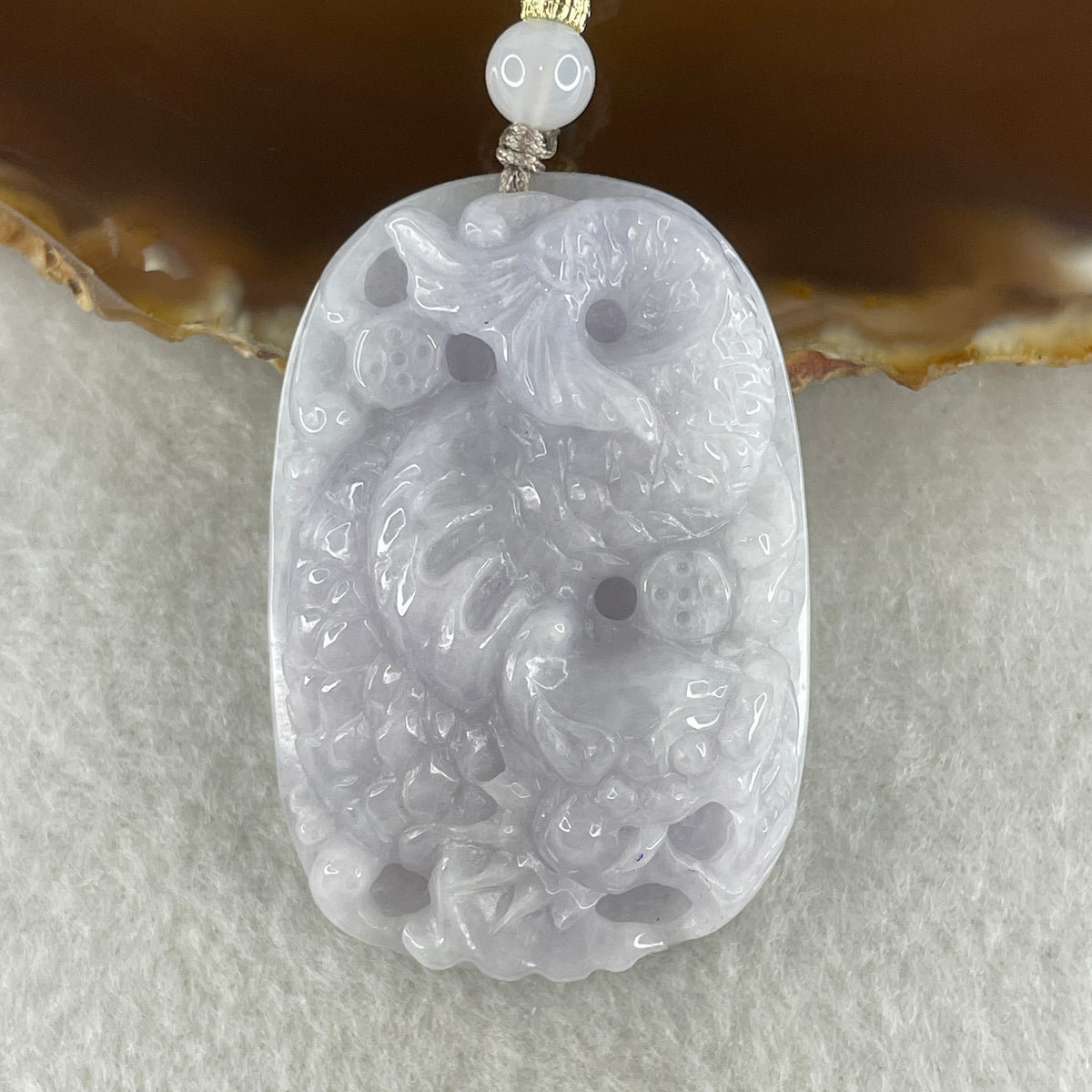 Natural Type A Lavender Jadeite Dragon Carp with Lotus Pendant | Transformation, Academic & Career Success Talisman (37.83g | 47.3 x 32.2 x 12.1mm) - Huangs Jadeite and Jewelry Pte Ltd