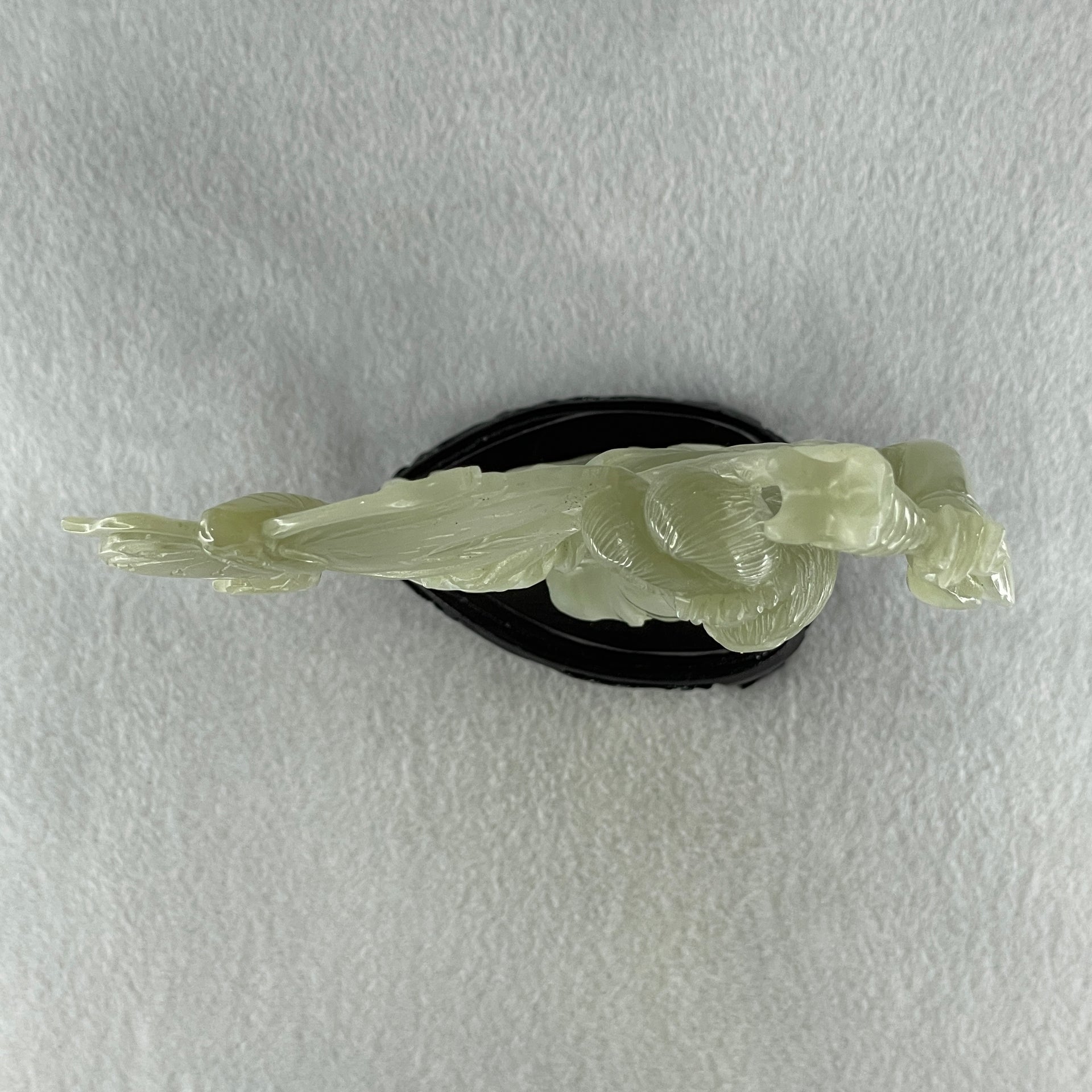 Natural Green Serpentine Fairy with Butterfly with Wooden Stand Display 336.9g 132.0 by 201.0 by 68.0mm - Huangs Jadeite and Jewelry Pte Ltd