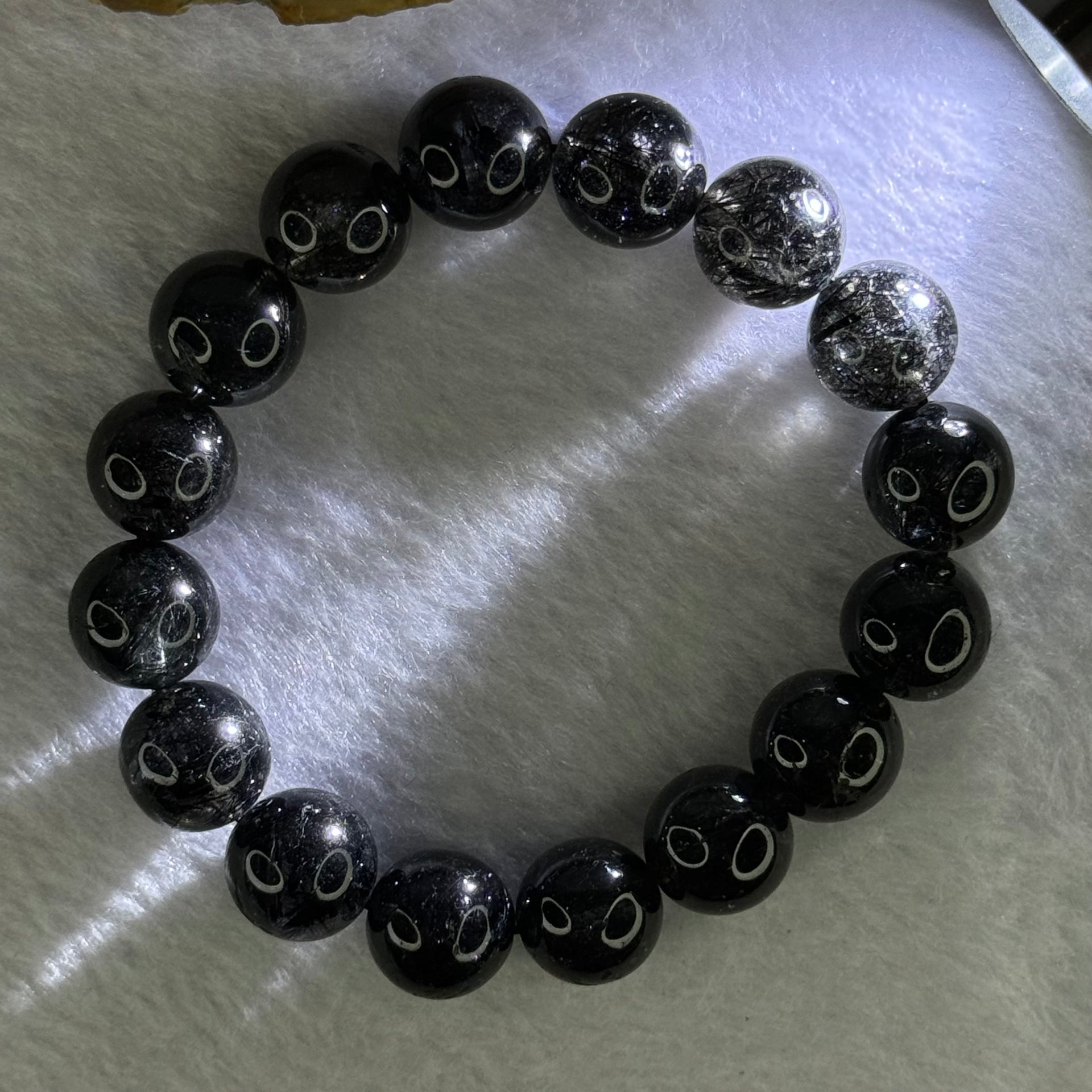 Natural Black Rutilated Quartz Beads Bracelet 天然黑发水晶手链 45.82g 17.5cm 12.8mm 16 Beads - Huangs Jadeite and Jewelry Pte Ltd