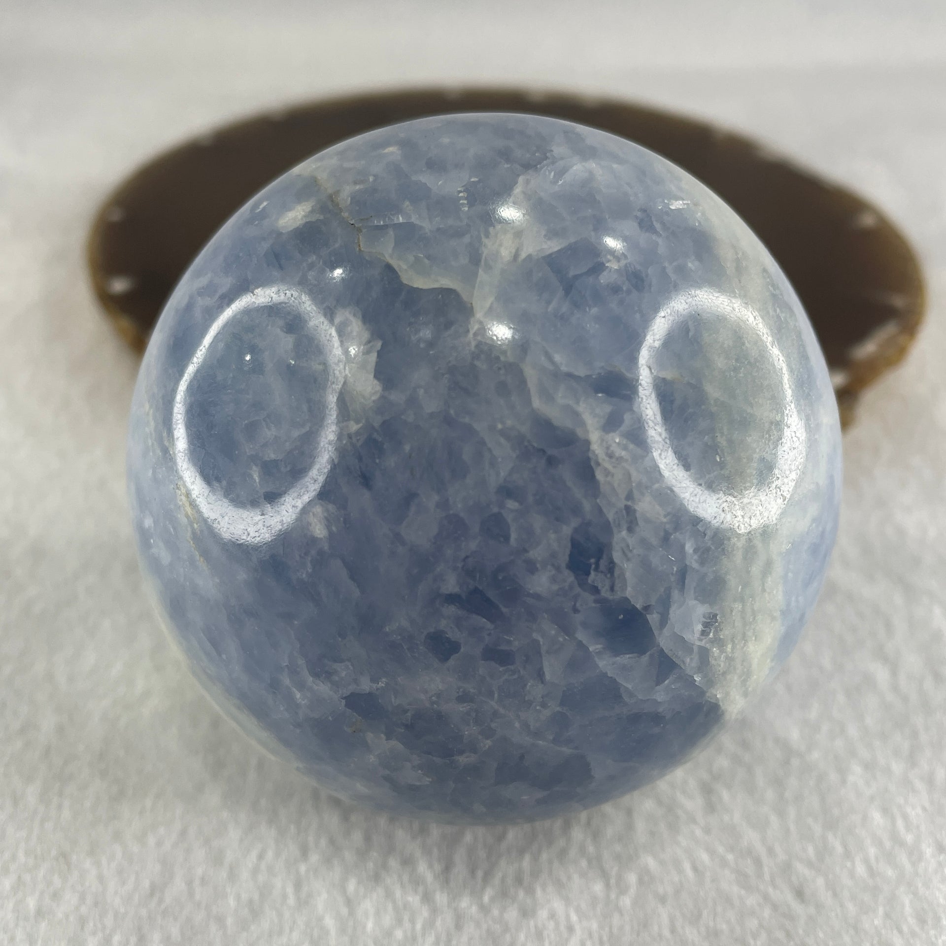 Natural Blue Calcite Ball with Clear Acrylic Display 662.31g 76.5 by 94.5mm - Huangs Jadeite and Jewelry Pte Ltd