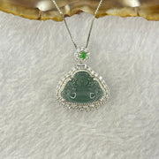 Type A Icy Blueish Green Jadeite Milo Buddha Pendent with Crystals in S925 Sliver Setting and Chain 3.39g 12.8 by 16.0 by 3.0mm - Huangs Jadeite and Jewelry Pte Ltd