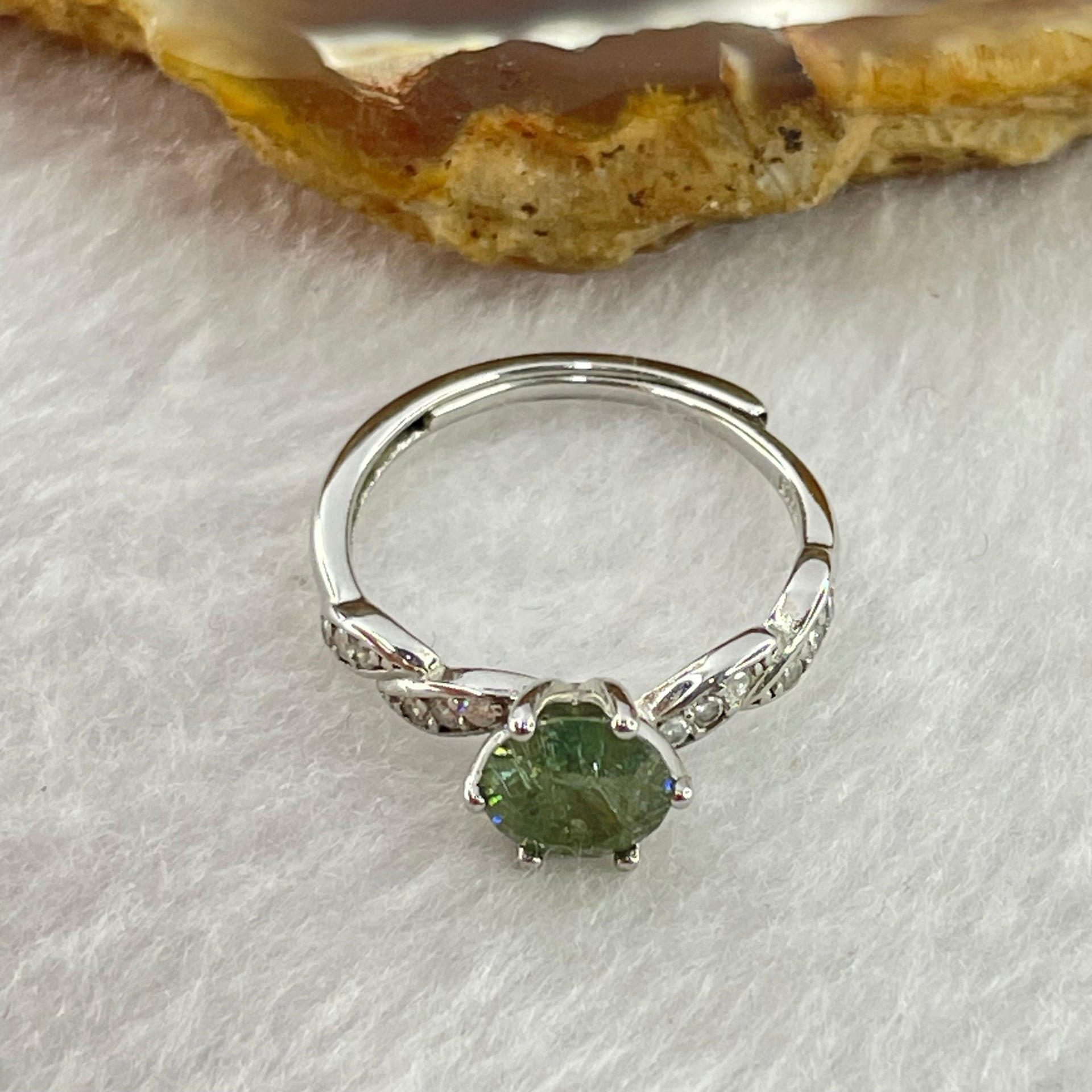 Blueish Green Cubic Zirconia 6.2 by 2.6mm with Crystals In S925 Sliver Ring (Adjustable Size) 1.51g - Huangs Jadeite and Jewelry Pte Ltd