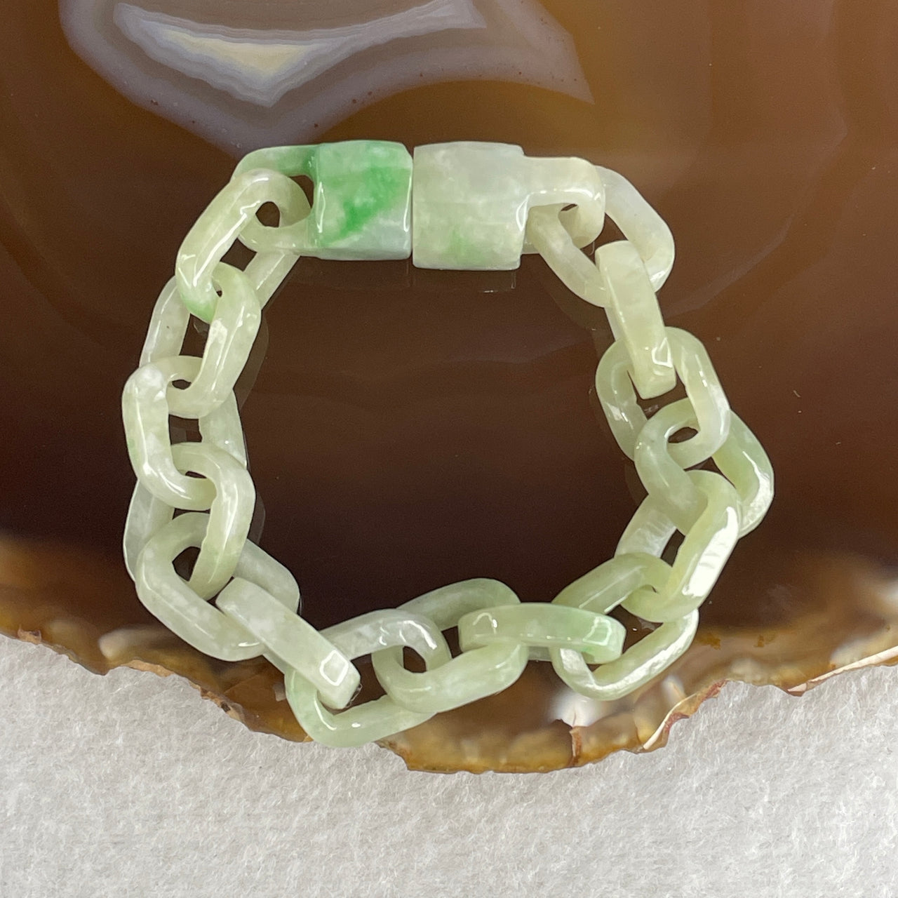 Natural Type A Green Jadeite Link Bracelet 18.54g 13cm 10.9mm 15 Pcs - Huangs Jadeite and Jewelry Pte Ltd