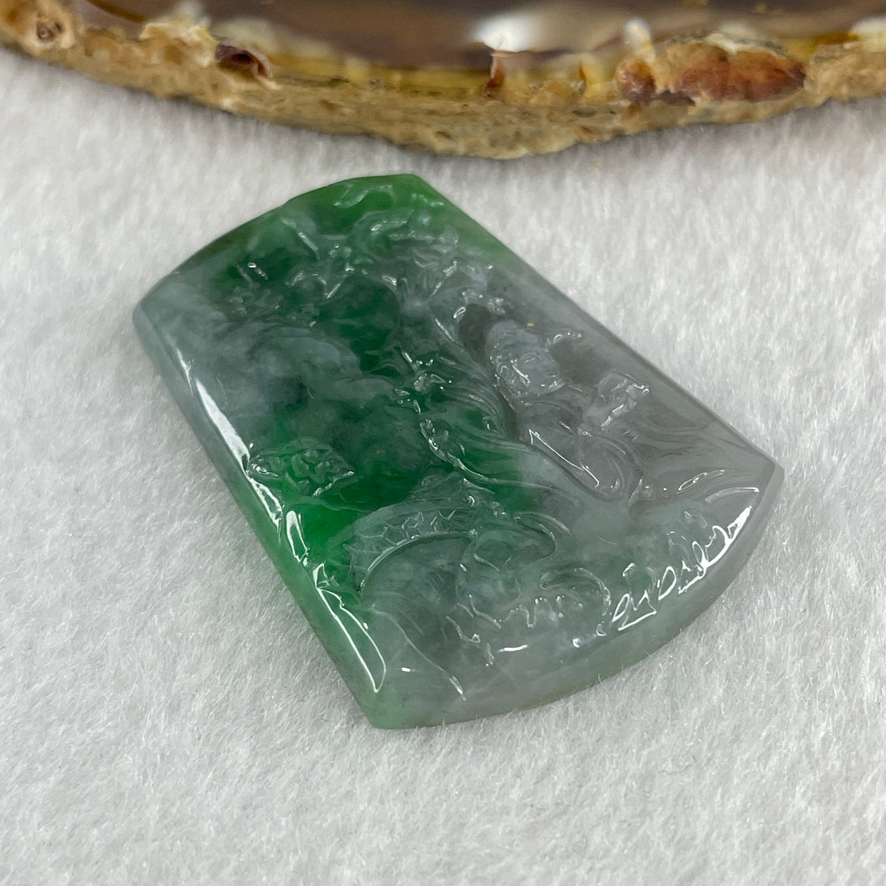 Natural Type A Wuji Grey with High End Green Patches Jadeite Shan Shui Scenic Guan Yin Pendant 13.92g 43.1 by 30.1 by 5.1mm