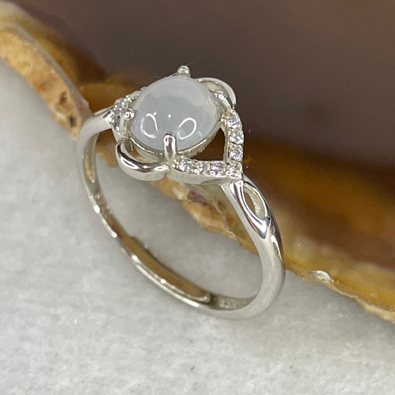 Type A Icy White Jadeite Cabochon Ring | Liquid-Glass Translucent Cushion Orb | Solid S925 Sterling Silver Setting | Smart Adjustable Sizing (1.53g 6.9x5.6x3.0mm)