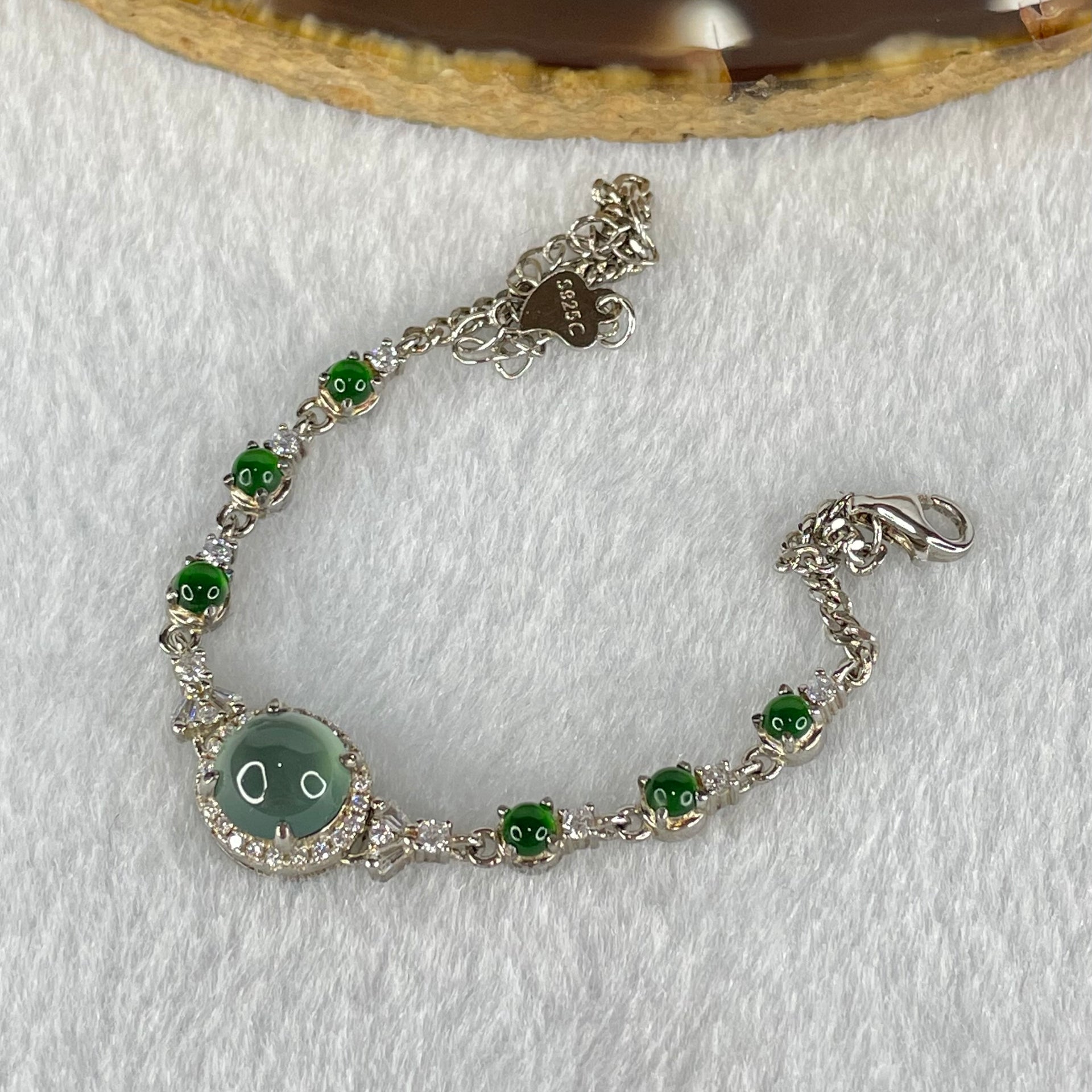 Type A Icy Blueish Green 7.2 by 5.0mm and Icy Green Omphasite Jadeite Cabochon With Crystals in S925 Sliver Bracelet 4.70g - Huangs Jadeite and Jewelry Pte Ltd