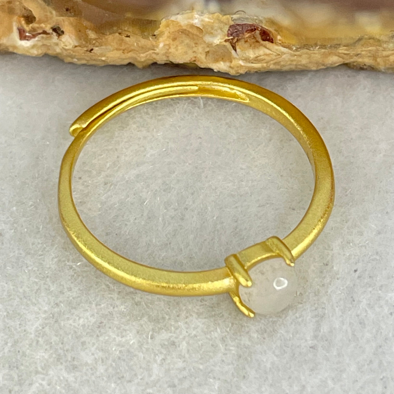 Type A Semi Icy Faint Lavender Cabochon Jadeite in S925 Sliver Gold Color Ring (Adjustable Size) 1.07g 4.4 by 3.0mm - Huangs Jadeite and Jewelry Pte Ltd