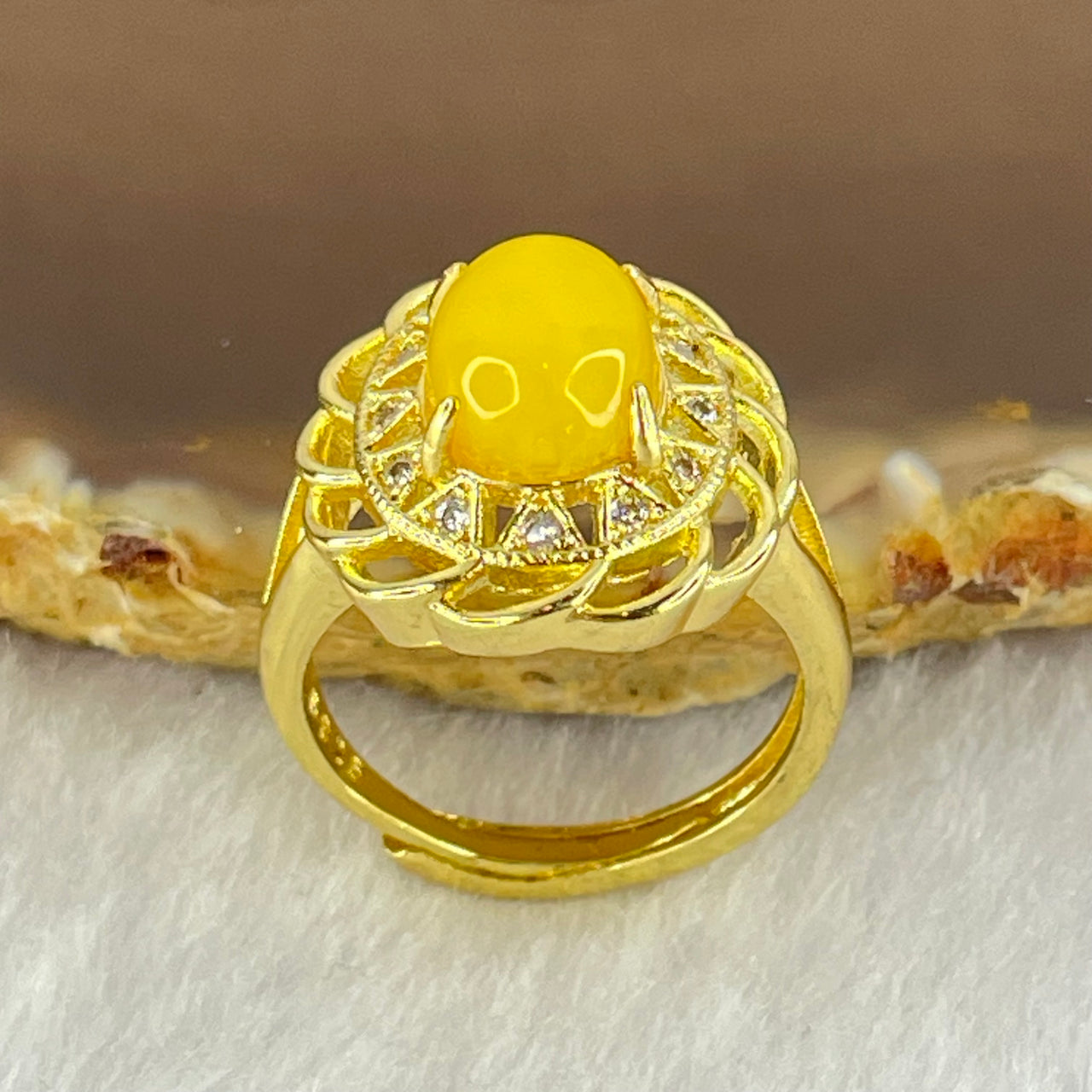 Natural Butterscotch Amber With Crystals in S925 Sliver Gold Color Ring (Adjustable Size) 3.68g 9.6 by 7.2 by 6.0mm - Huangs Jadeite and Jewelry Pte Ltd