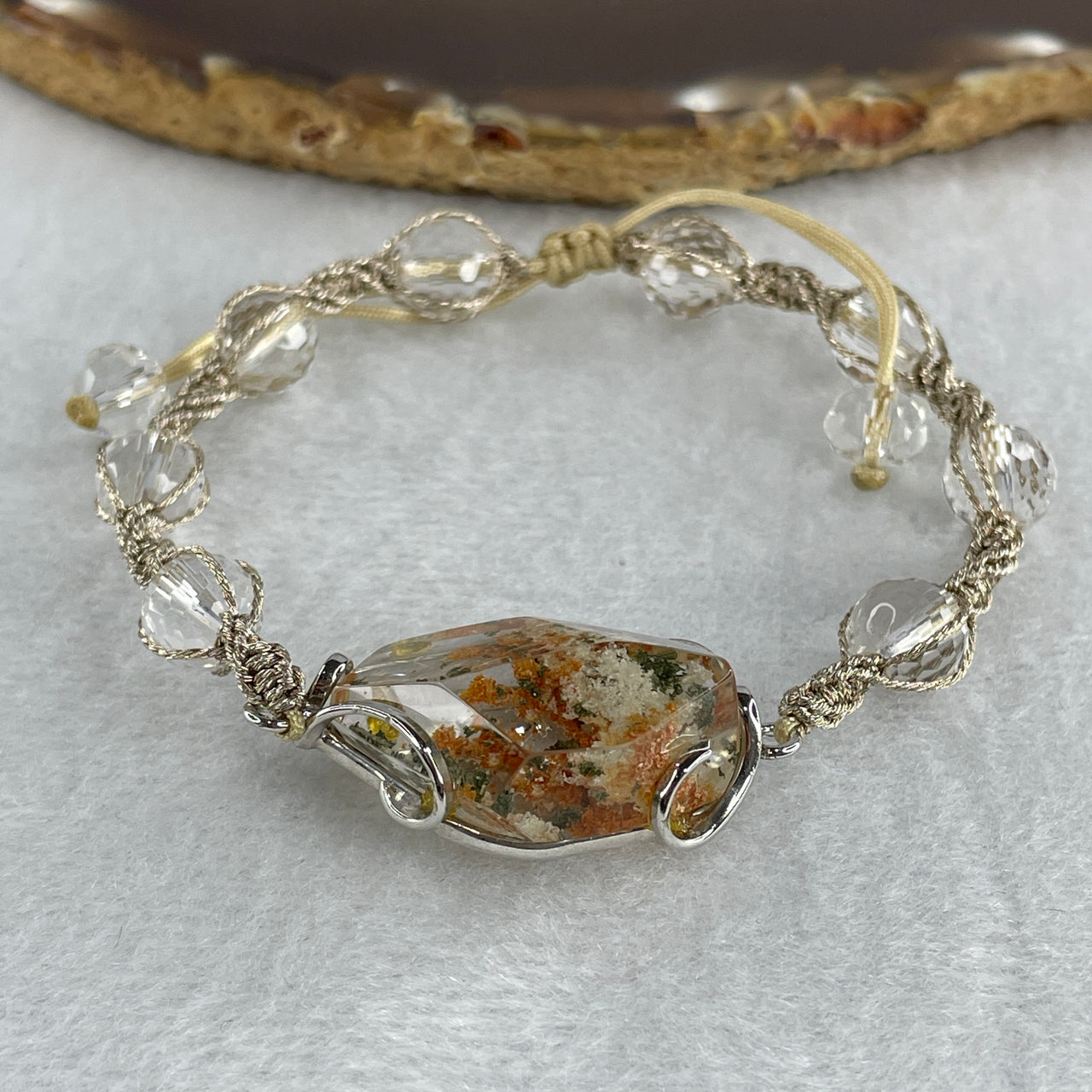 Natural Green with White and Orange Phantom Quartz Odd Shape with Man Made Beads String Bracelet 17.34g 15-18cm 26.1 by 16.3mm 1 Bead - 8.2mm 8 Beads