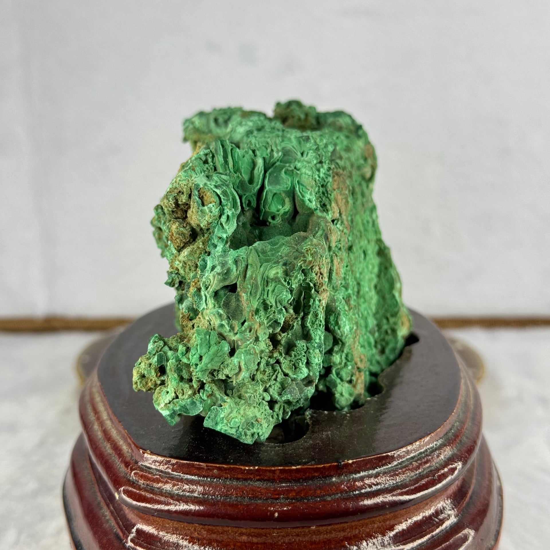 Natural Malachite Raw Stone Specimen Display in Wooden Stand 1,045.7g 160.0 by 114.1 by 12.0mm - Huangs Jadeite and Jewelry Pte Ltd
