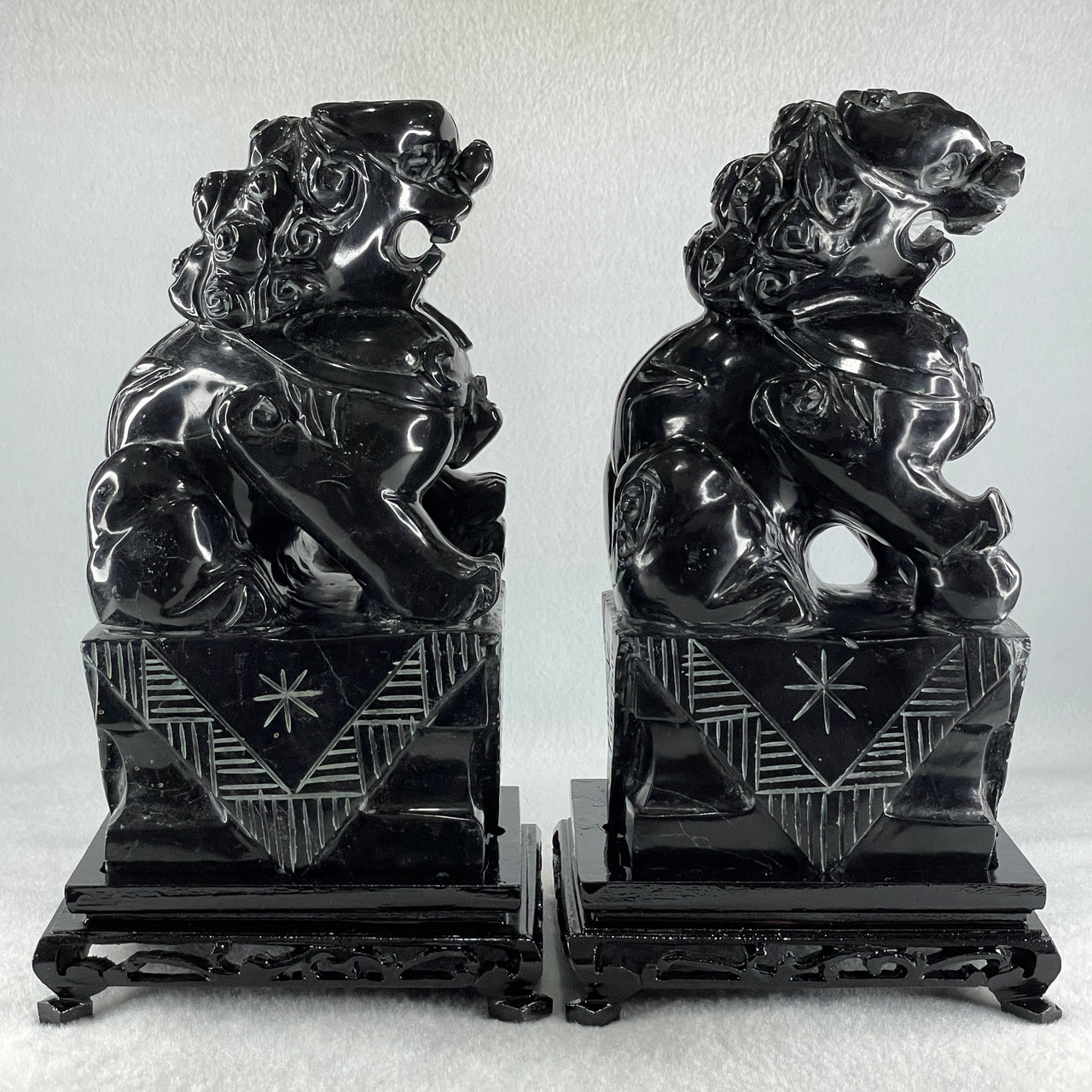 Black Pair of Fu Gou with Wooden Stand Display 5,365.5g Each about 110.0 by 15.0 by 230.0mm - Huangs Jadeite and Jewelry Pte Ltd