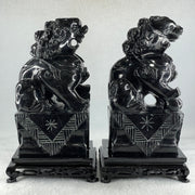Black Pair of Fu Gou with Wooden Stand Display 5,365.5g Each about 110.0 by 15.0 by 230.0mm - Huangs Jadeite and Jewelry Pte Ltd