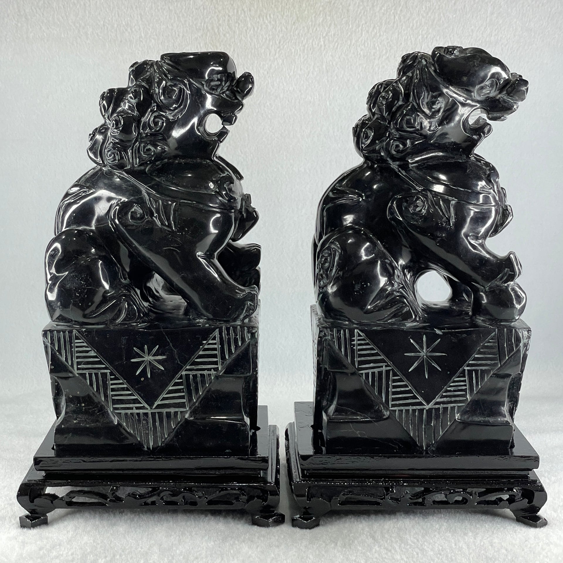 Black Pair of Fu Gou with Wooden Stand Display 5,365.5g Each about 110.0 by 15.0 by 230.0mm - Huangs Jadeite and Jewelry Pte Ltd