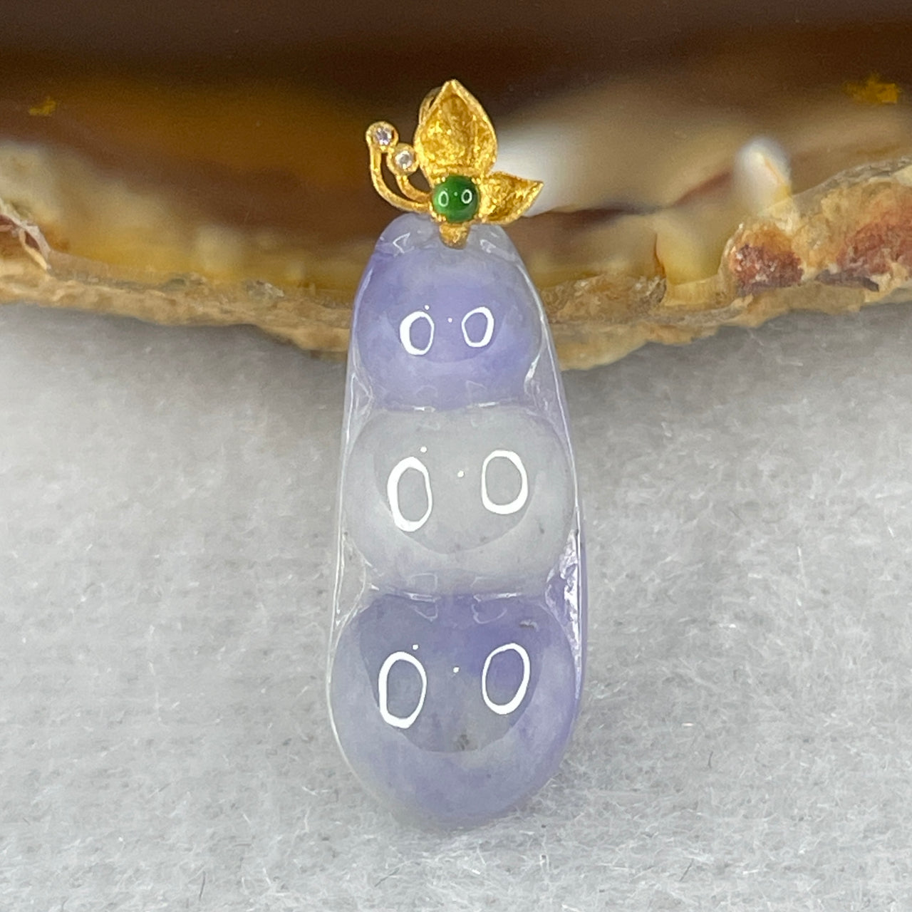 Type A Deep Lavender Jadeite Peapod Charm in 18K AU750 Yellow Gold Clasp 1.76g 20.0 by 9.0 by 5.4mm and Gold Color Necklace - Huangs Jadeite and Jewelry Pte Ltd