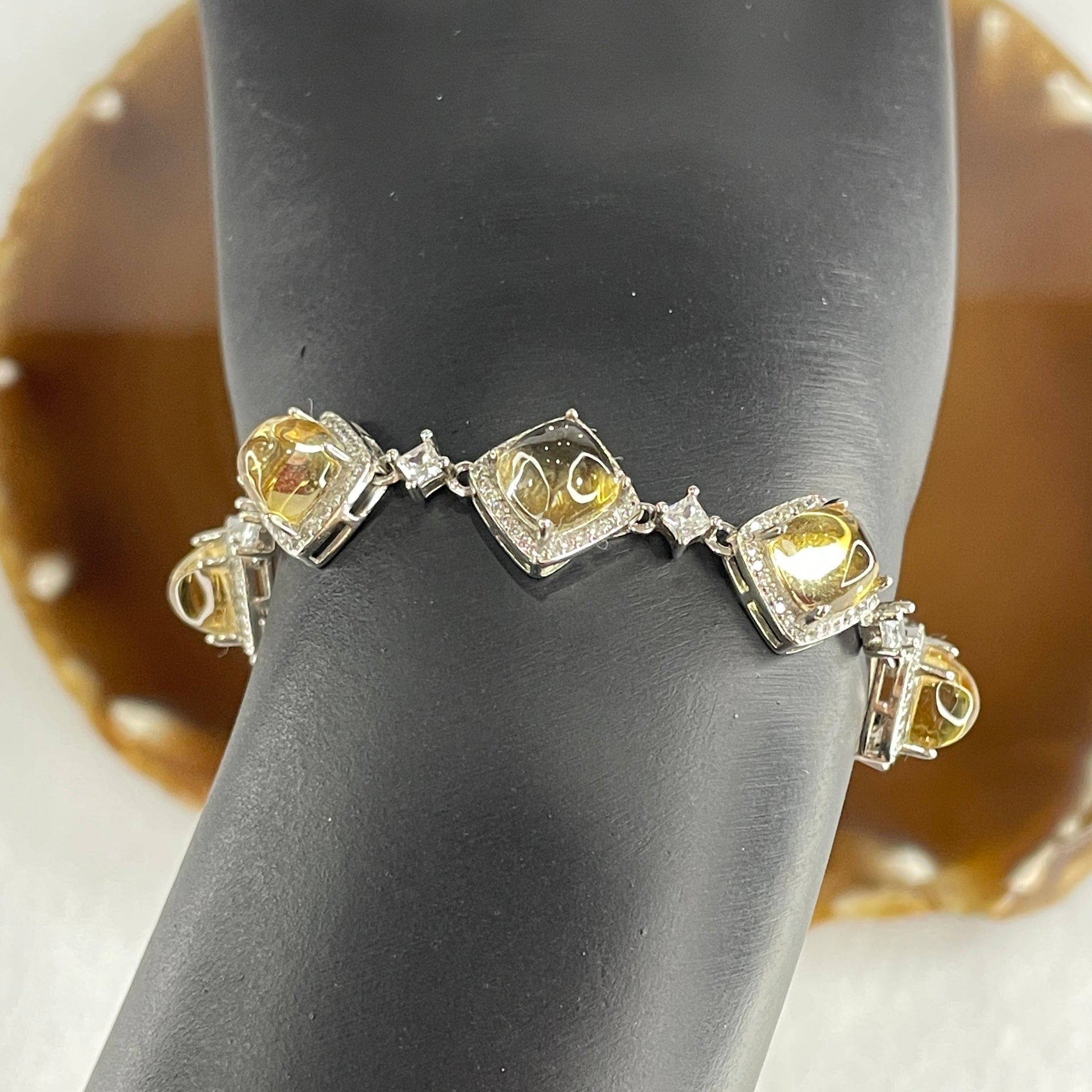 Natural Citrine Bead with Cubic Zirconia Bracelet in S925 Sliver 7.52g 13-16cm 6.8 by 6.0mm 5 Pcs - Huangs Jadeite and Jewelry Pte Ltd