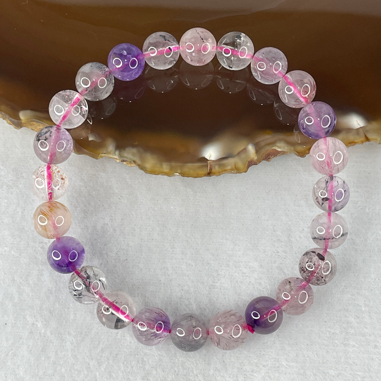 Certified Above-Average Grade Natural Super 7 Crystal Beads Bracelet | Fluid High-Clarity Showcase Strand | Authentic Sacred Seven Multi-Mineral Inclusions Quartz Spiritual Catalyst & Auric Shield Bracelet (18.06g | 16.5cm Length | 8.3mm | 24 Beads)