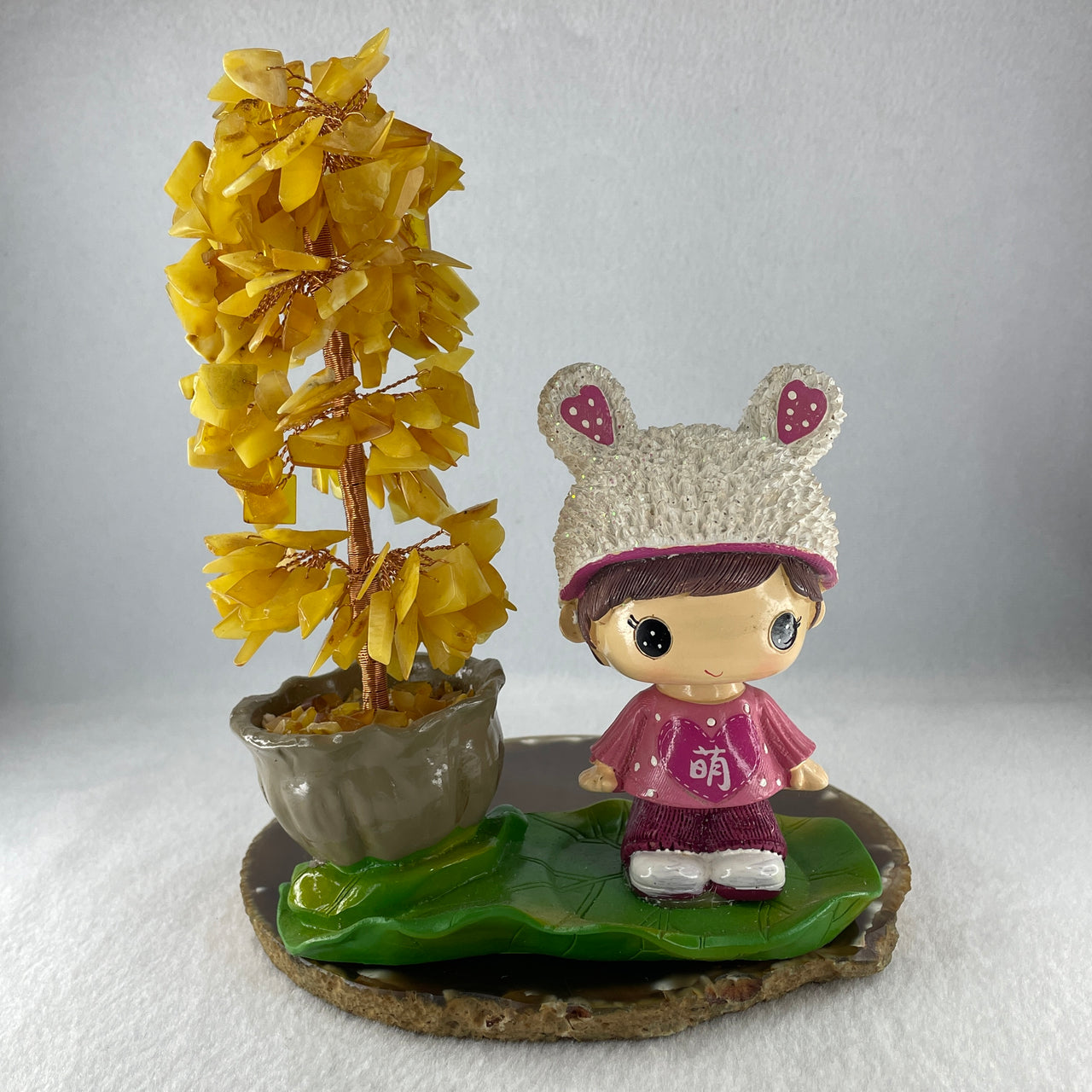 Citrine Money Tree with Movable Girl on Lotus Leaf Display 423.6g 132.0 by 71.0 by 190.0mm