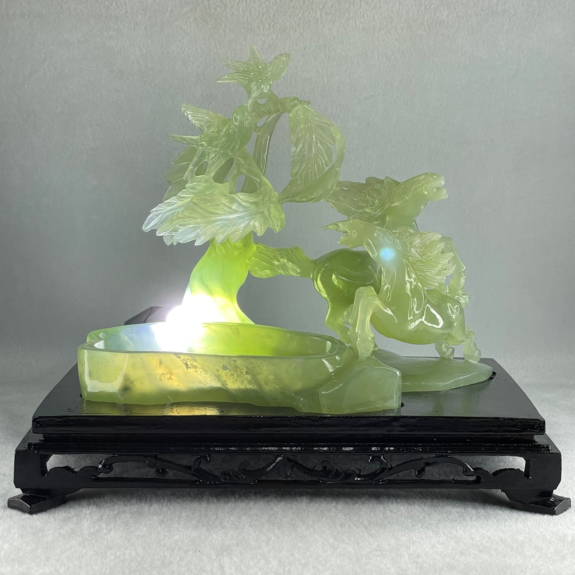 Natural Green Serpentine Double Victory Horses with Twin Birds on Treen and Pond with Wooden Stand Display 1,275.3g 240.0 by 210.0 by 160.0mm - Huangs Jadeite and Jewelry Pte Ltd