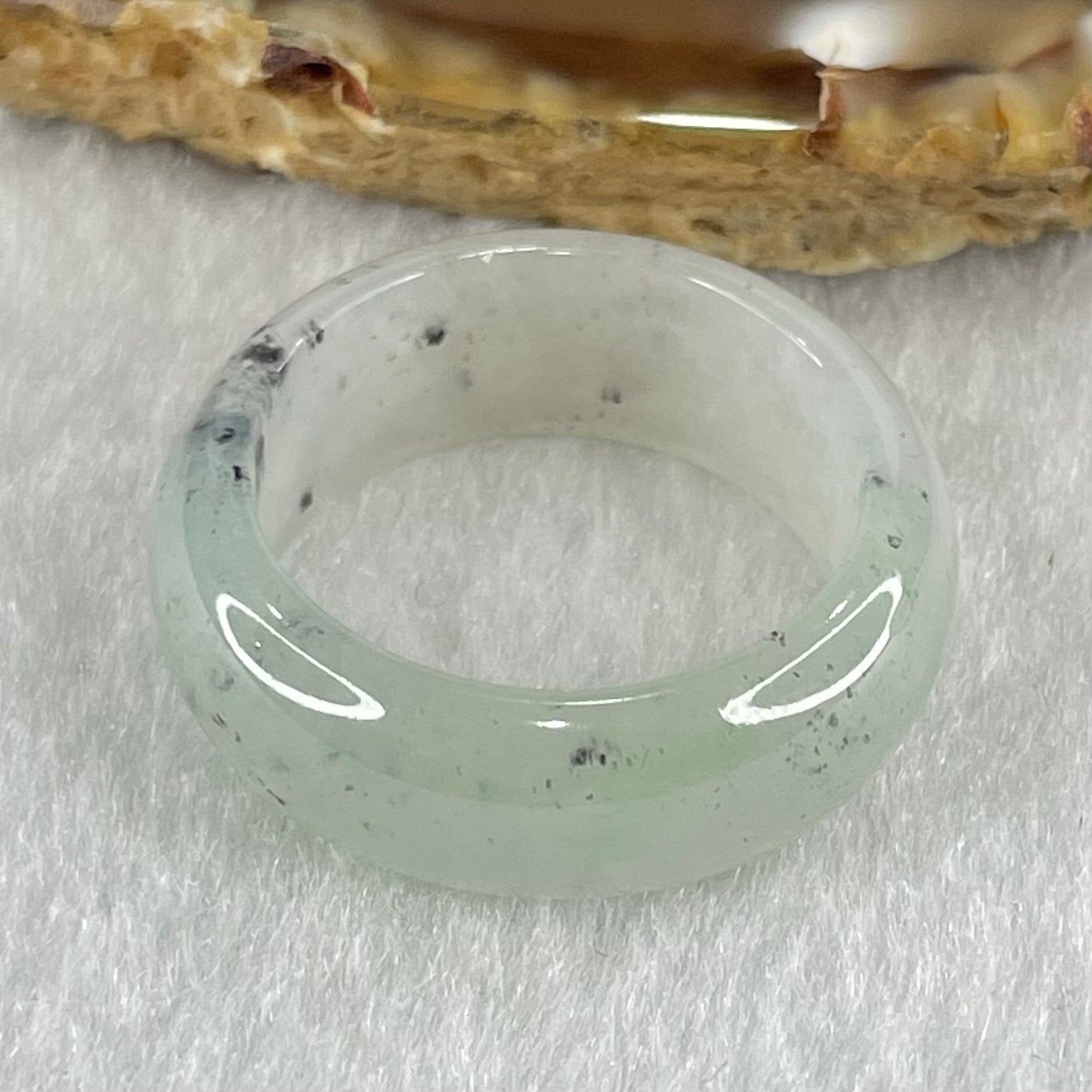 Type A Faint Lavender Green Close to White with Wuji Black Grey Patches Jadeite Ring 5.56g 8.5 by 3.6mm US9.2 HK20.5 - Huangs Jadeite and Jewelry Pte Ltd