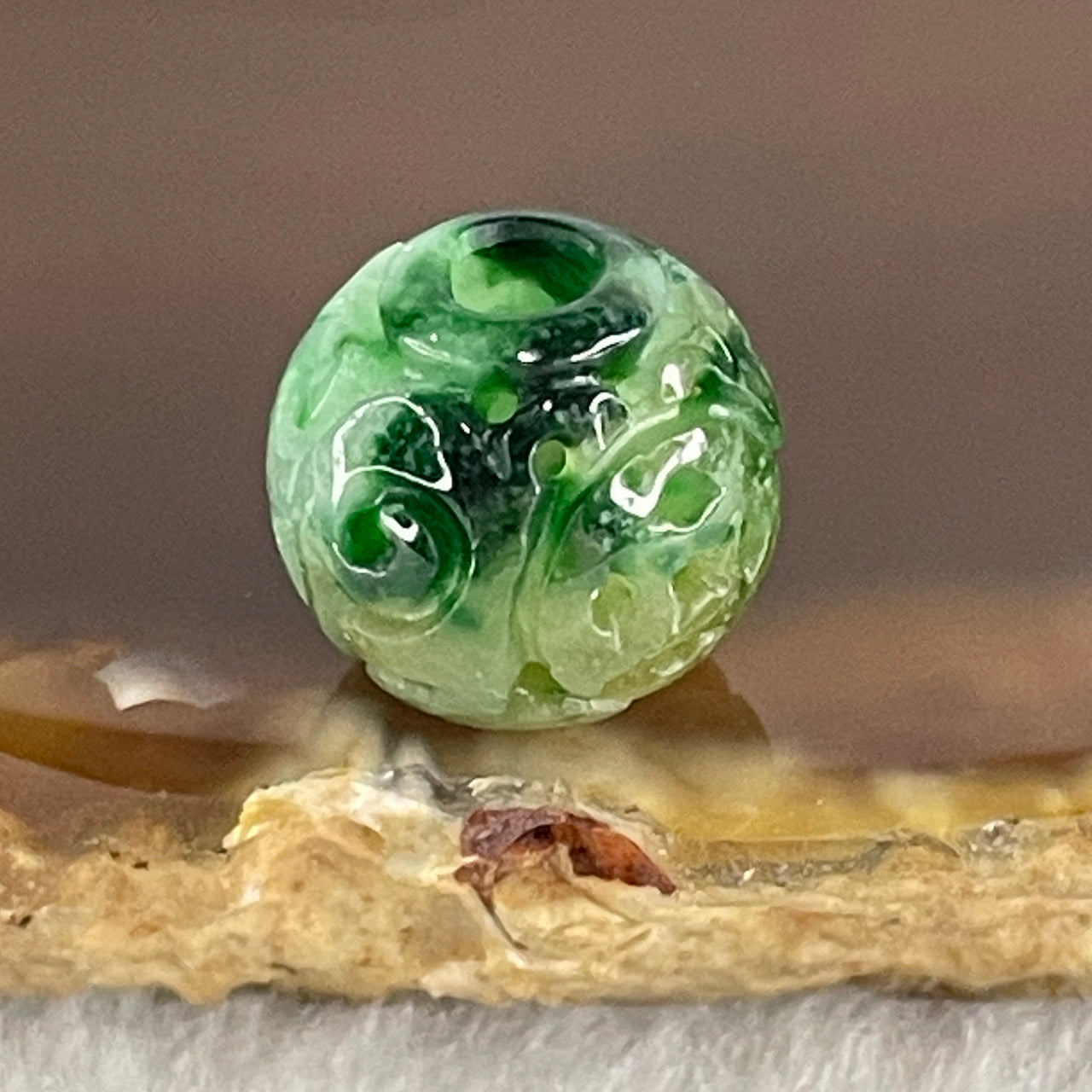 Natural Type A Lao Keng Old Mine Green Jadeite Flora Carving Bead Charm 1.36g 11.4mm - Huangs Jadeite and Jewelry Pte Ltd