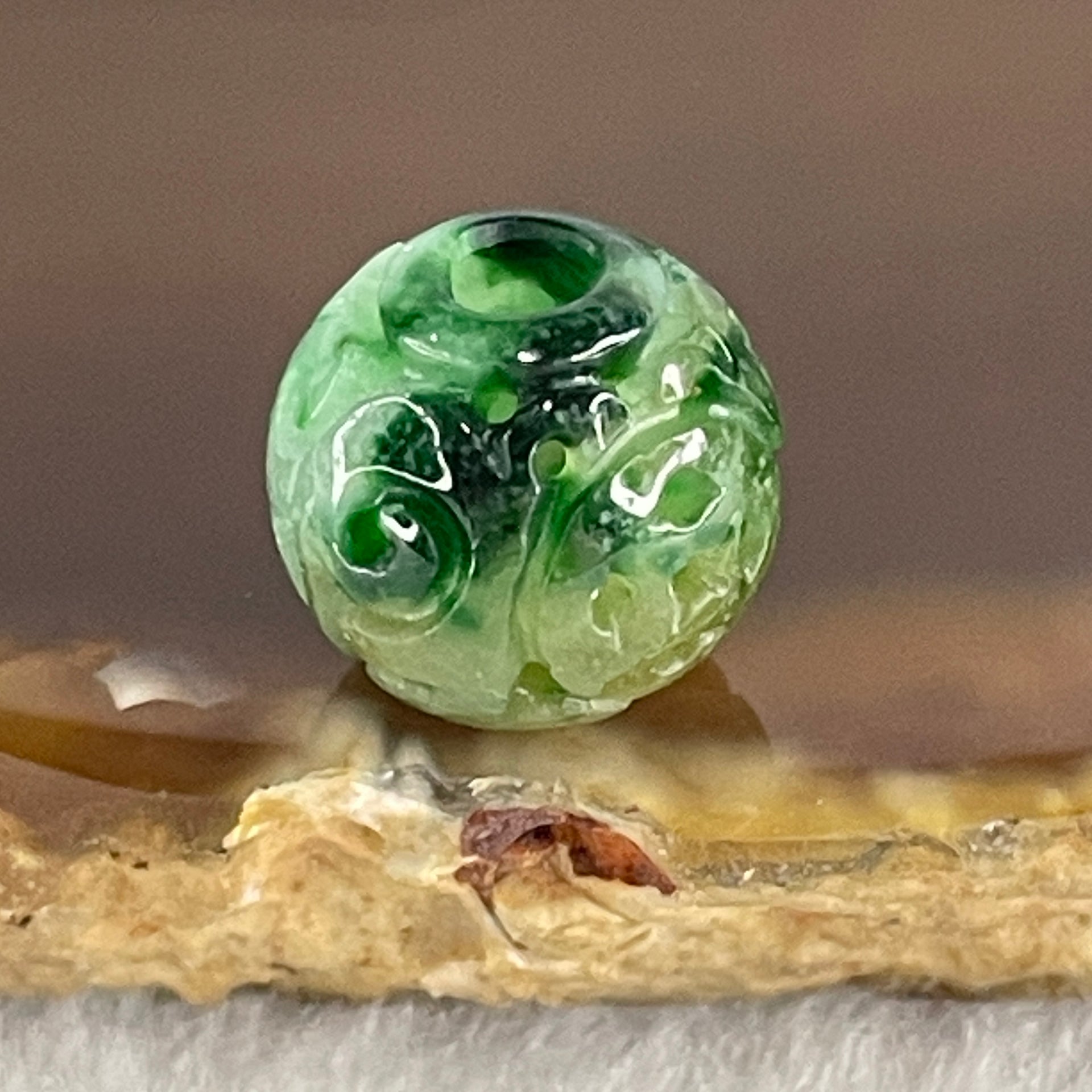 Natural Type A Lao Keng Old Mine Green Jadeite Flora Carving Bead Charm 1.36g 11.4mm - Huangs Jadeite and Jewelry Pte Ltd