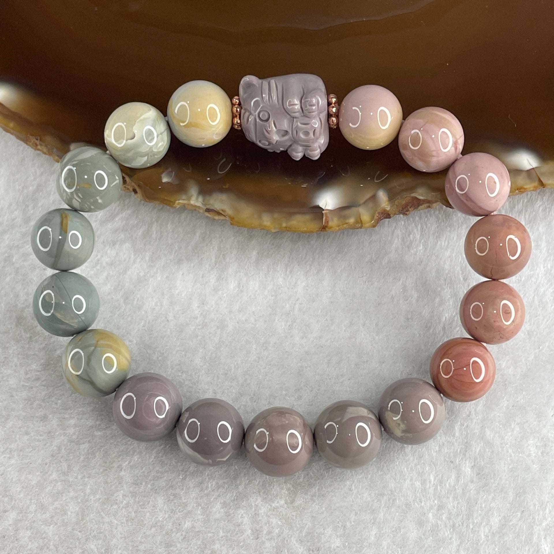 Natural Alashan Agate Pastels Pink Beads with Cat Charm Bracelet 29.60g 15.5cm 10.8mm 17Beads - Huangs Jadeite and Jewelry Pte Ltd