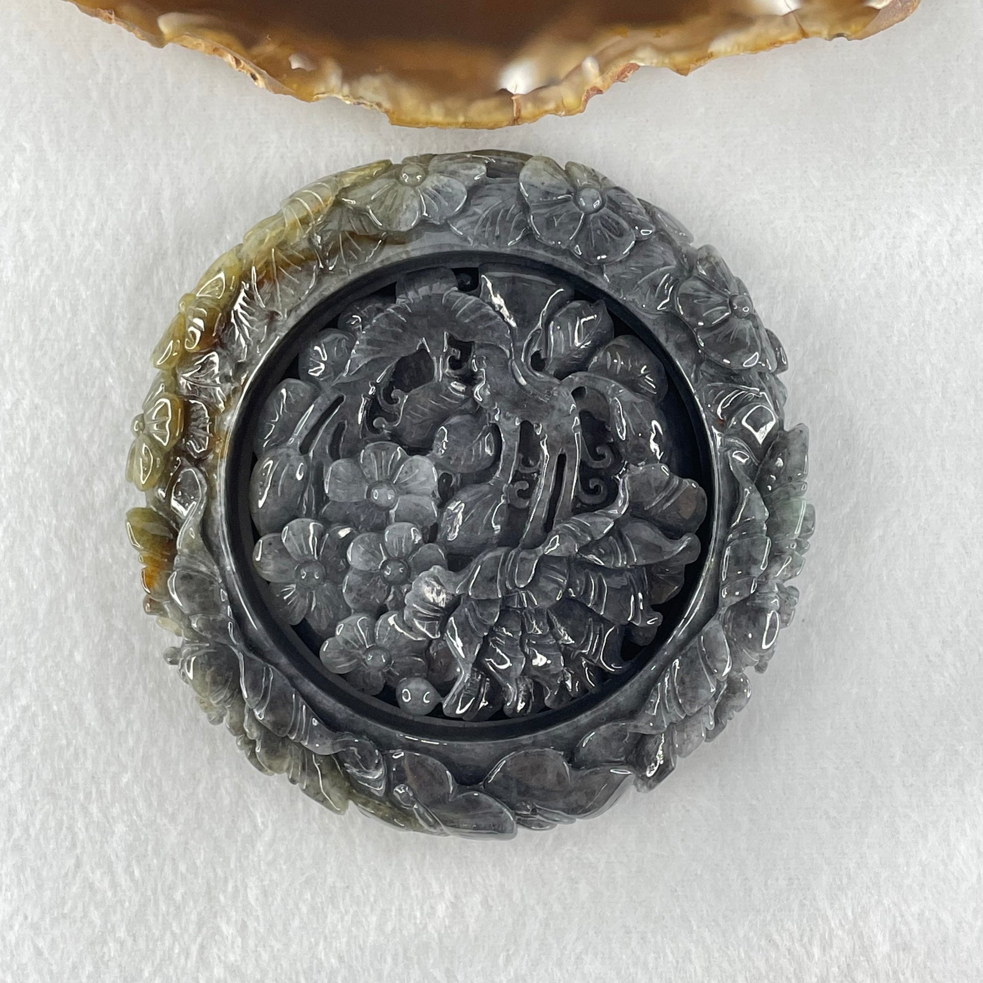Type A Wuji Grey with Brown Jadeite Bird with Prosperity Flowers and Ruyi Bangle Inner Diameter 58.4mm 14.1 by 13.5mm and Pendant 56.5 by 14.4mm Total Weight 192.46g - Huangs Jadeite and Jewelry Pte Ltd