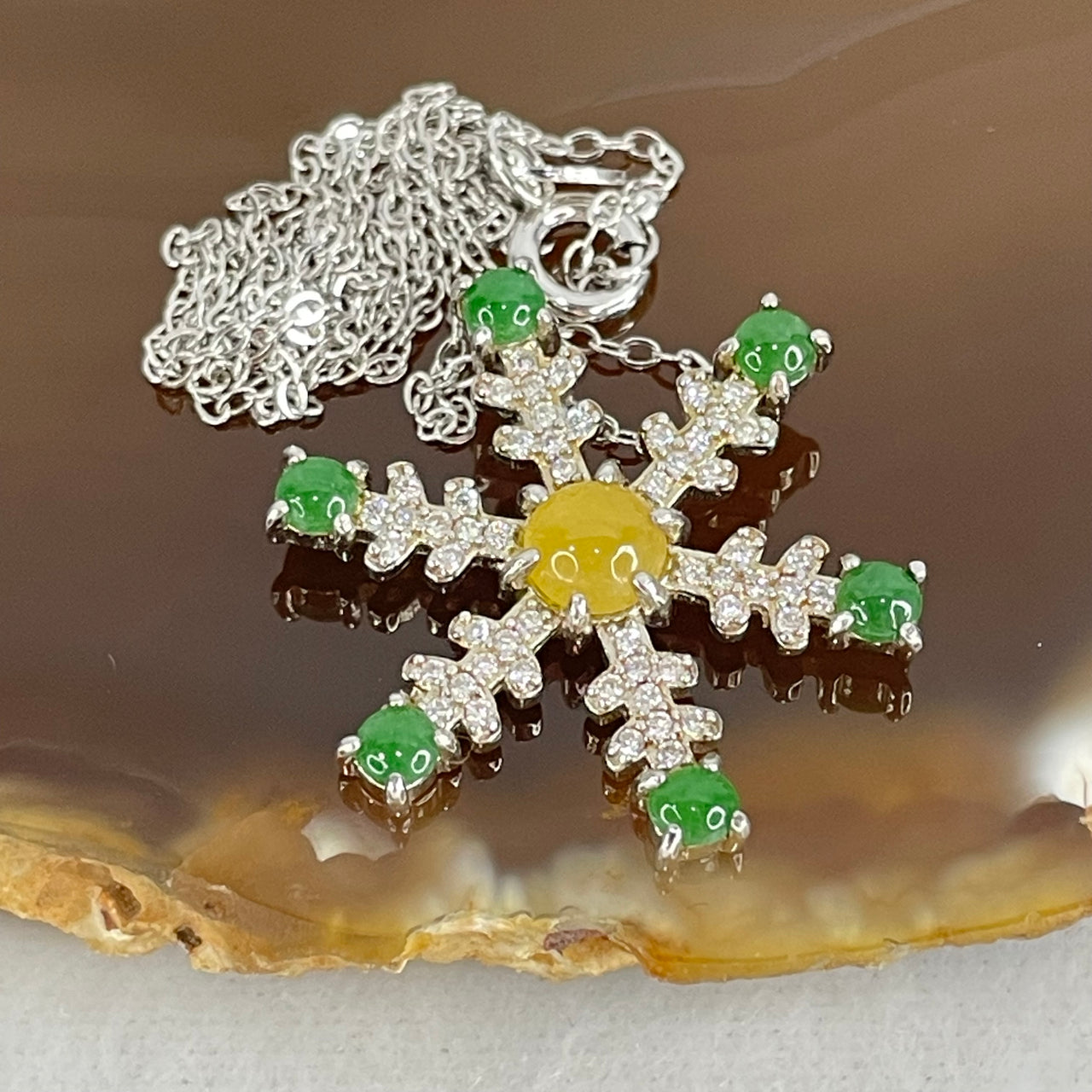 Type A Green and Yellow Jadeite Cabochon Snowflake Pendant in S925 Sliver Necklace 3.42g 2.5 by 1.2mm 6pcs, 4.5 by 2.0mm 1pc - Huangs Jadeite and Jewelry Pte Ltd