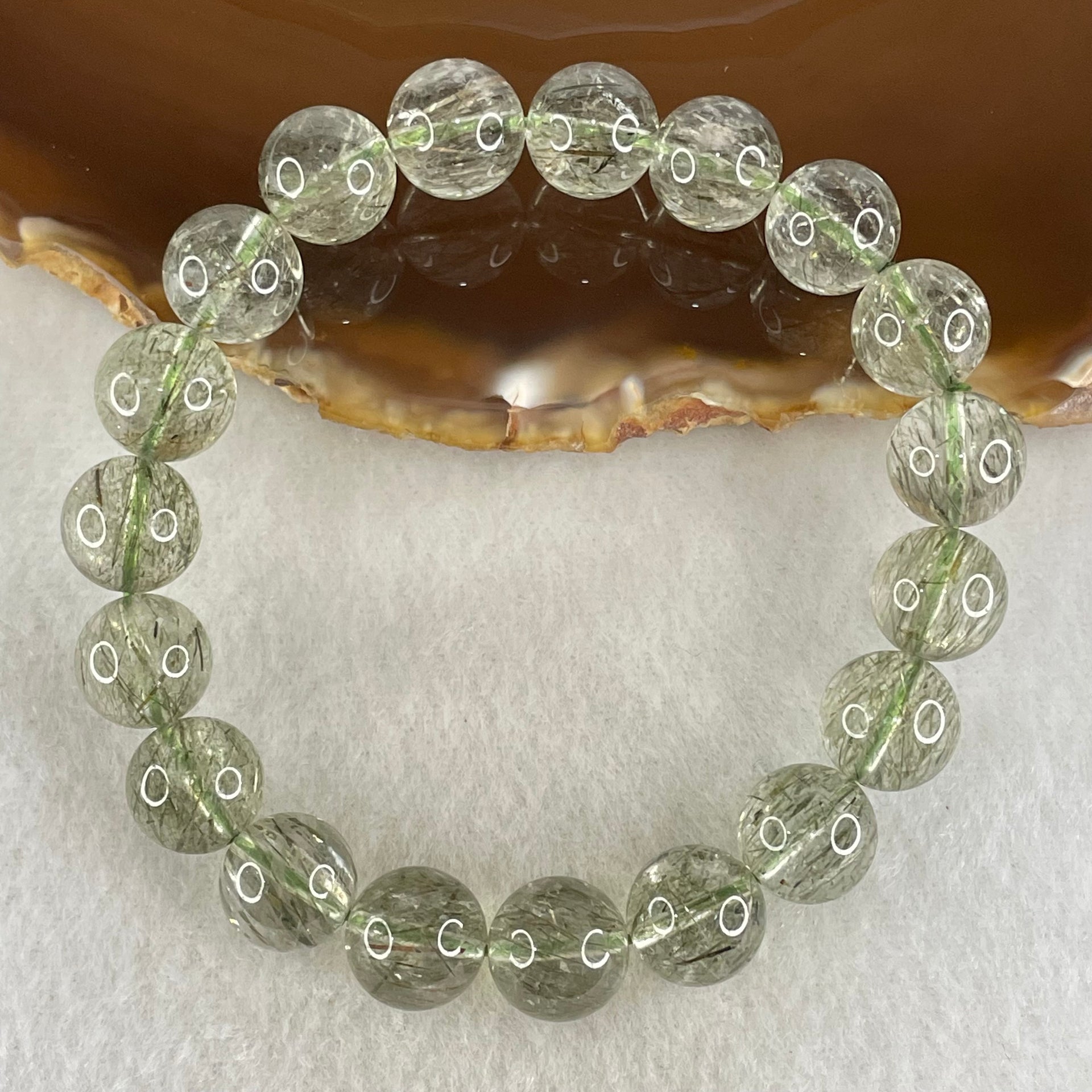 Above Average Grade Natural Green Rutilated Quartz Beads Bracelet 31.66g 16cm 10.8mm 19 Beads - Huangs Jadeite and Jewelry Pte Ltd