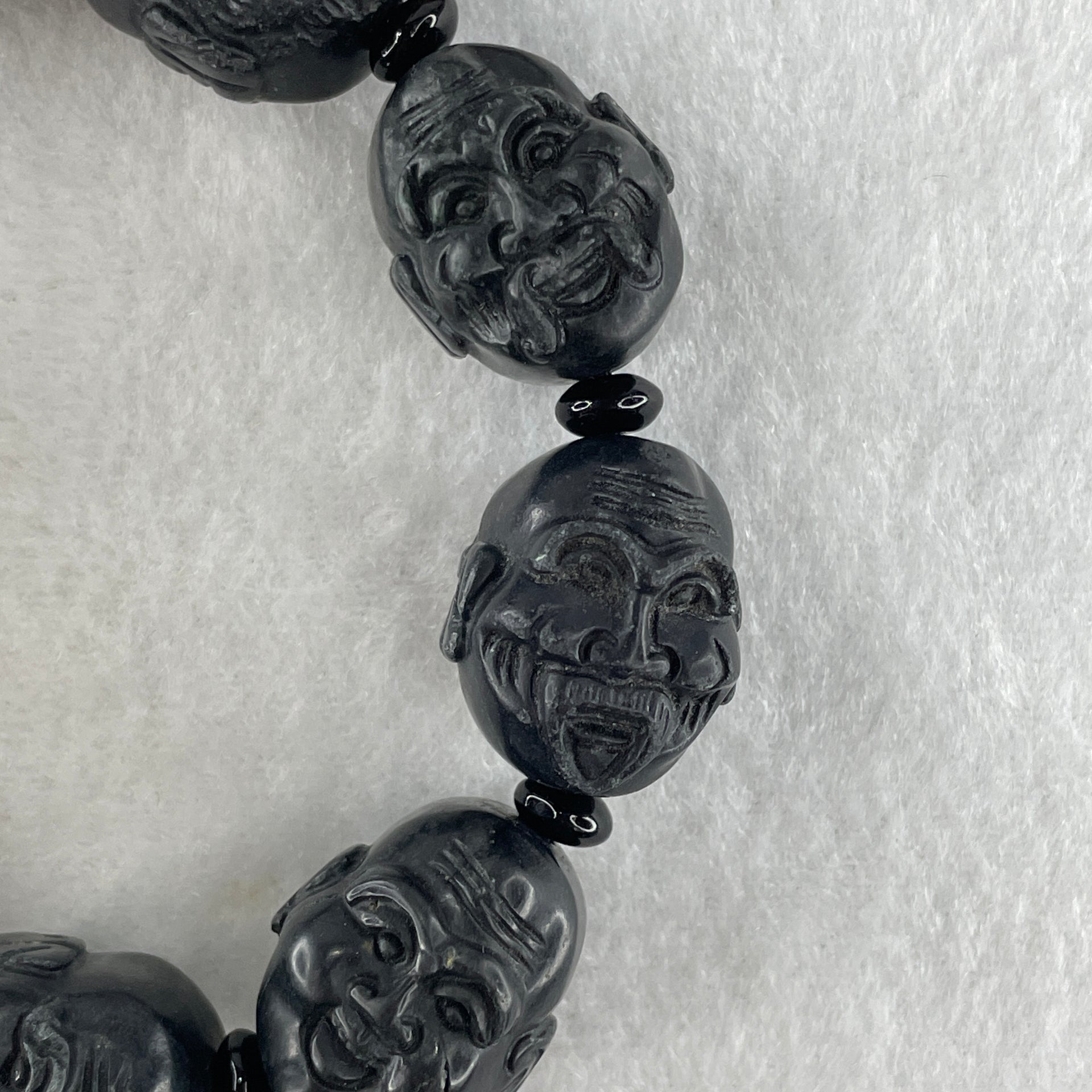 Type A Opaque Black Omphacite Jadeite Eighteen Arhats or 18 Luohans  十八羅漢 Head Beads Bracelet 101.90g 16cm 19.9mm 9 Beads - Huangs Jadeite and Jewelry Pte Ltd