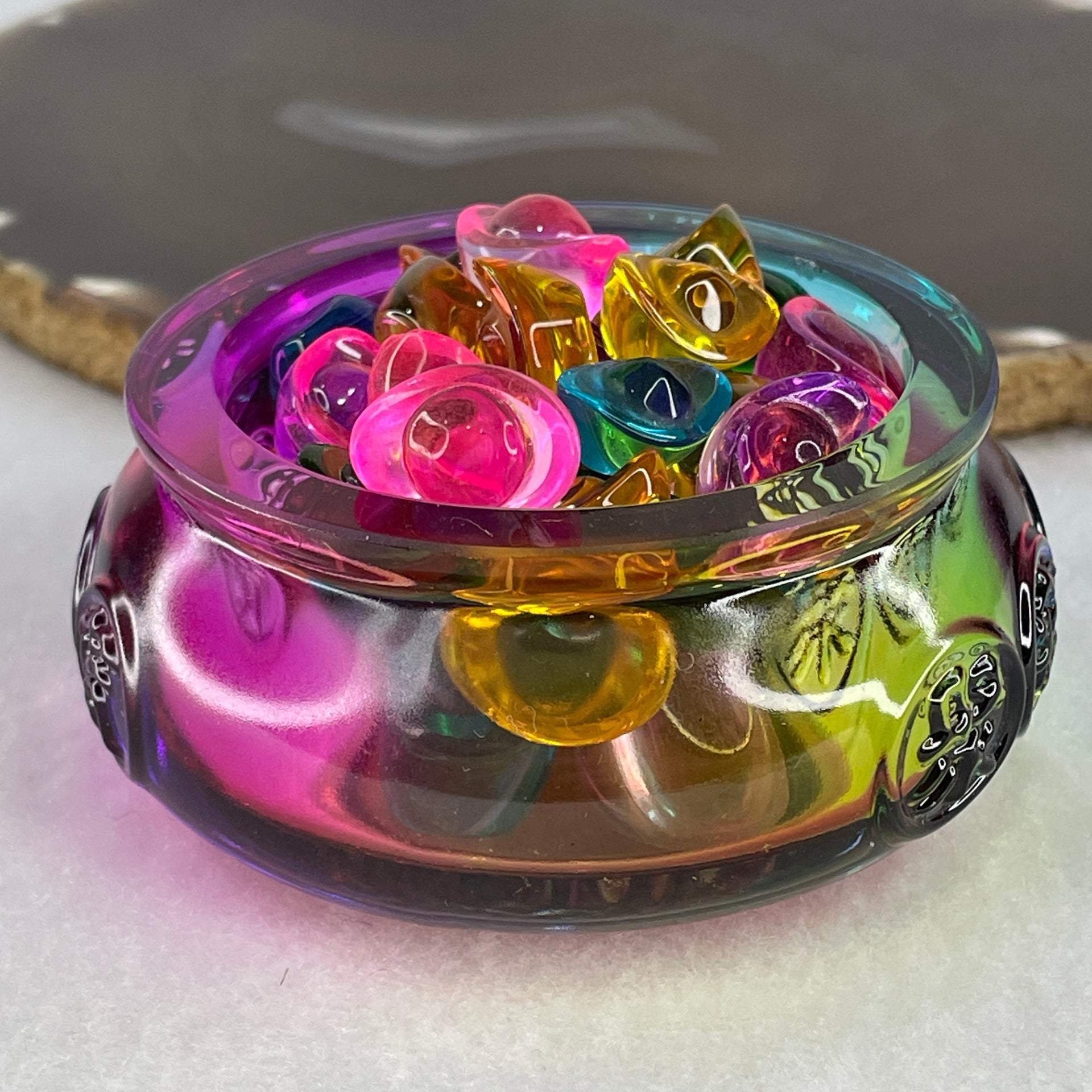 Muti Color Liuli Wealth Pot with Ingot Yuan Bao Display Total Weight 211.75g 72.6 by 33.5mm - Huangs Jadeite and Jewelry Pte Ltd